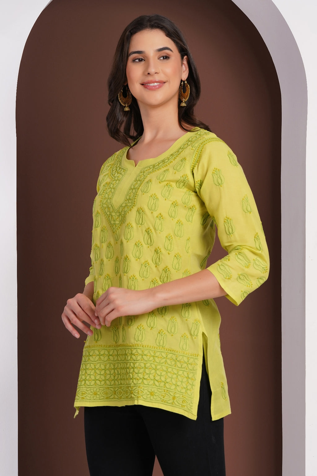 Karigiri Lime Green Chikankari Hand Embroidered Pure Cotton Short Kurti