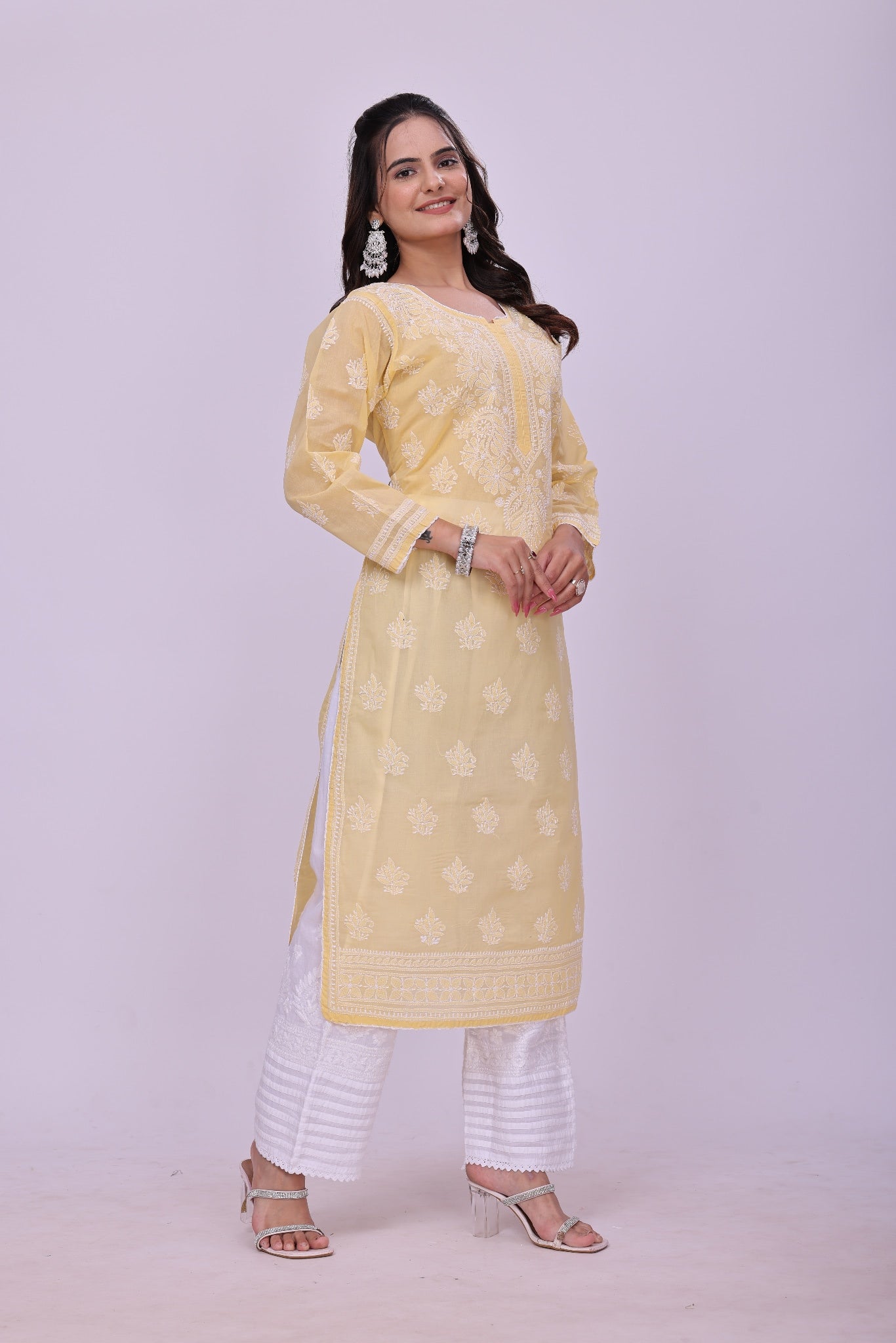 Karigiri Yellow Chikankari Pure Cotton Kurta Women_KF0077