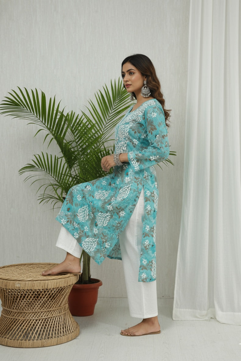 Karigiri Women's Turquoise Blue Lucknowi Chikankari Hand Embroidered Printed Cotton Kurta with White Floral Embroidery, Full Sleeve