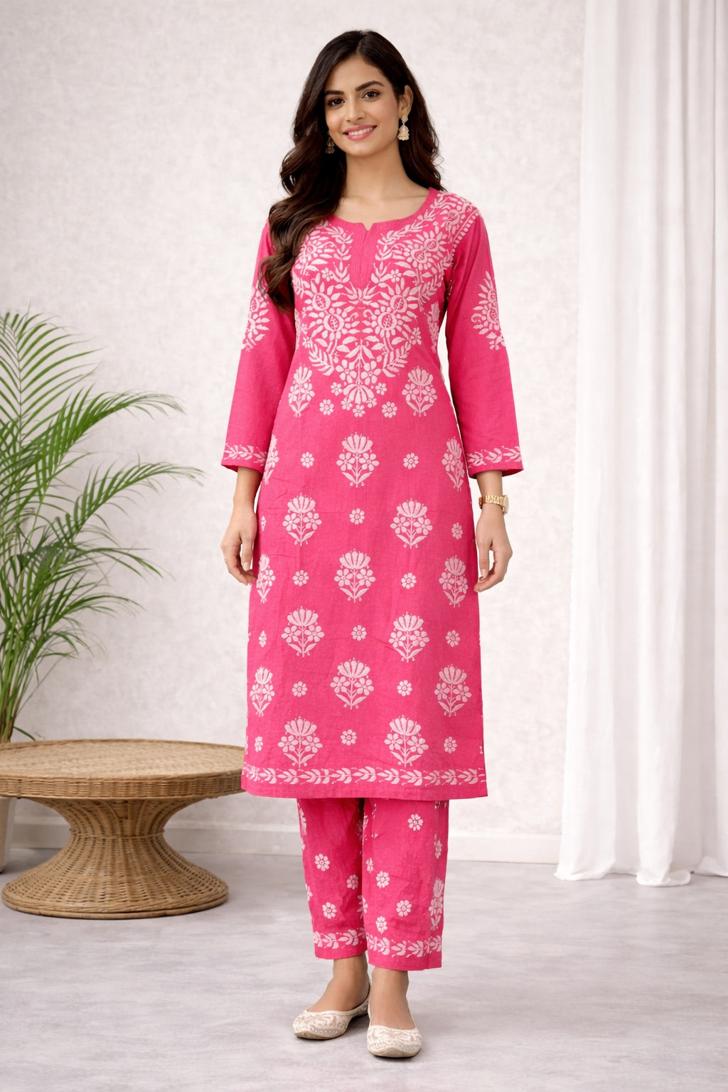 Karigiri Rani Pink Chikankari Kurti Set Soft Mulmul Cotton_KF0162
