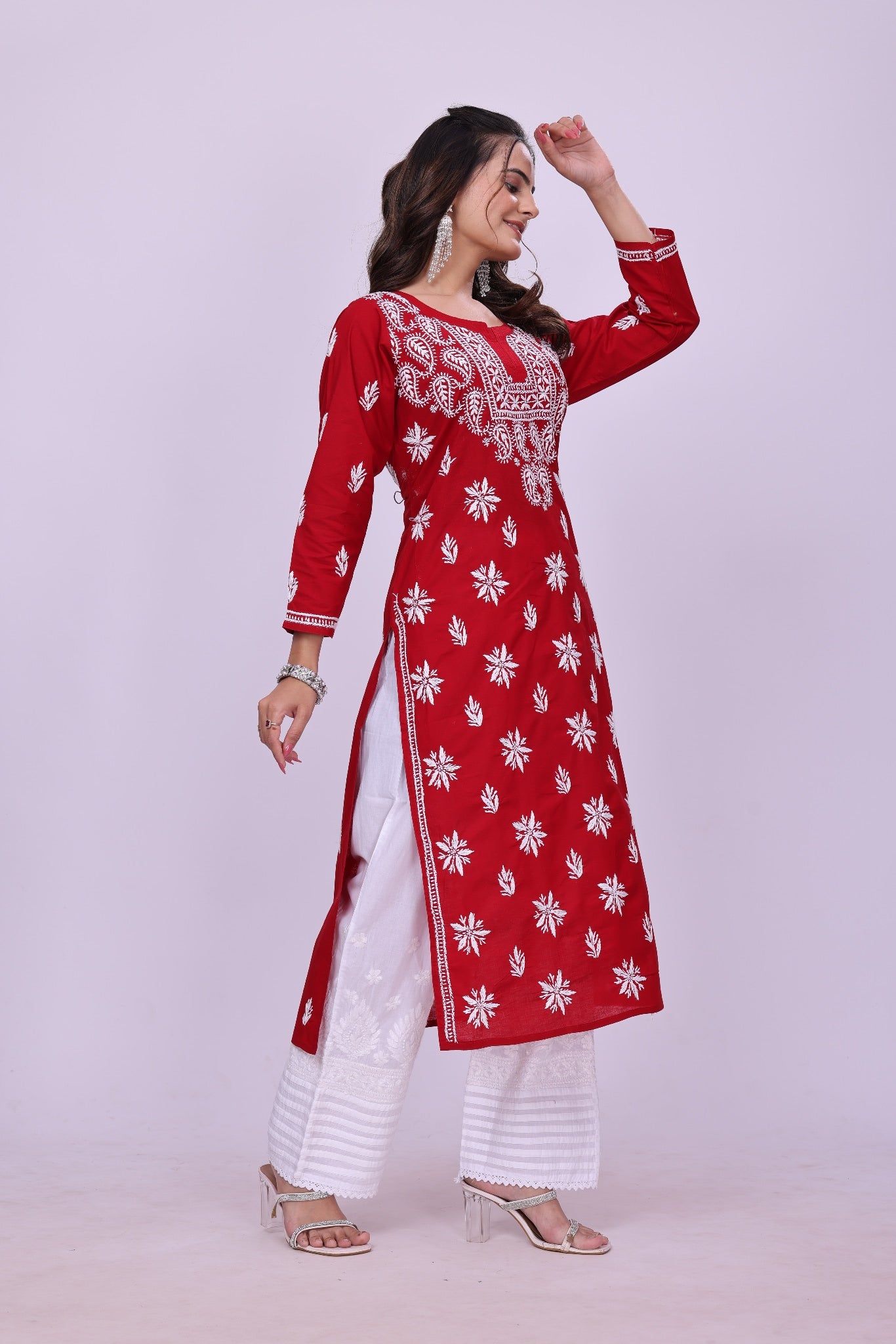 Karigiri Red Cotton Chikankari Kurti Lucknowi_KF0163