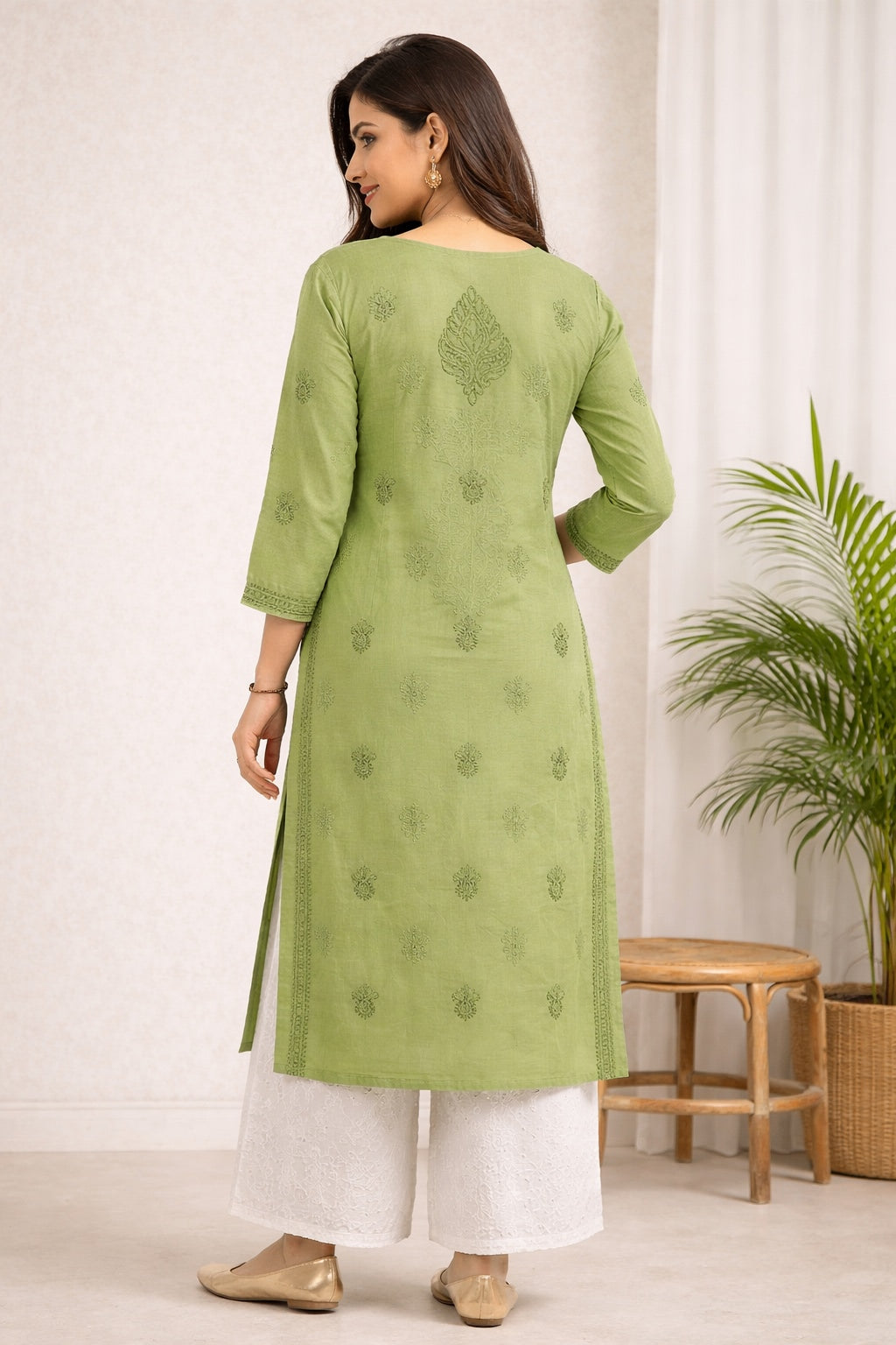 Karigiri Pistachio Green Chikankari Cotton Kurti Women_KF0156