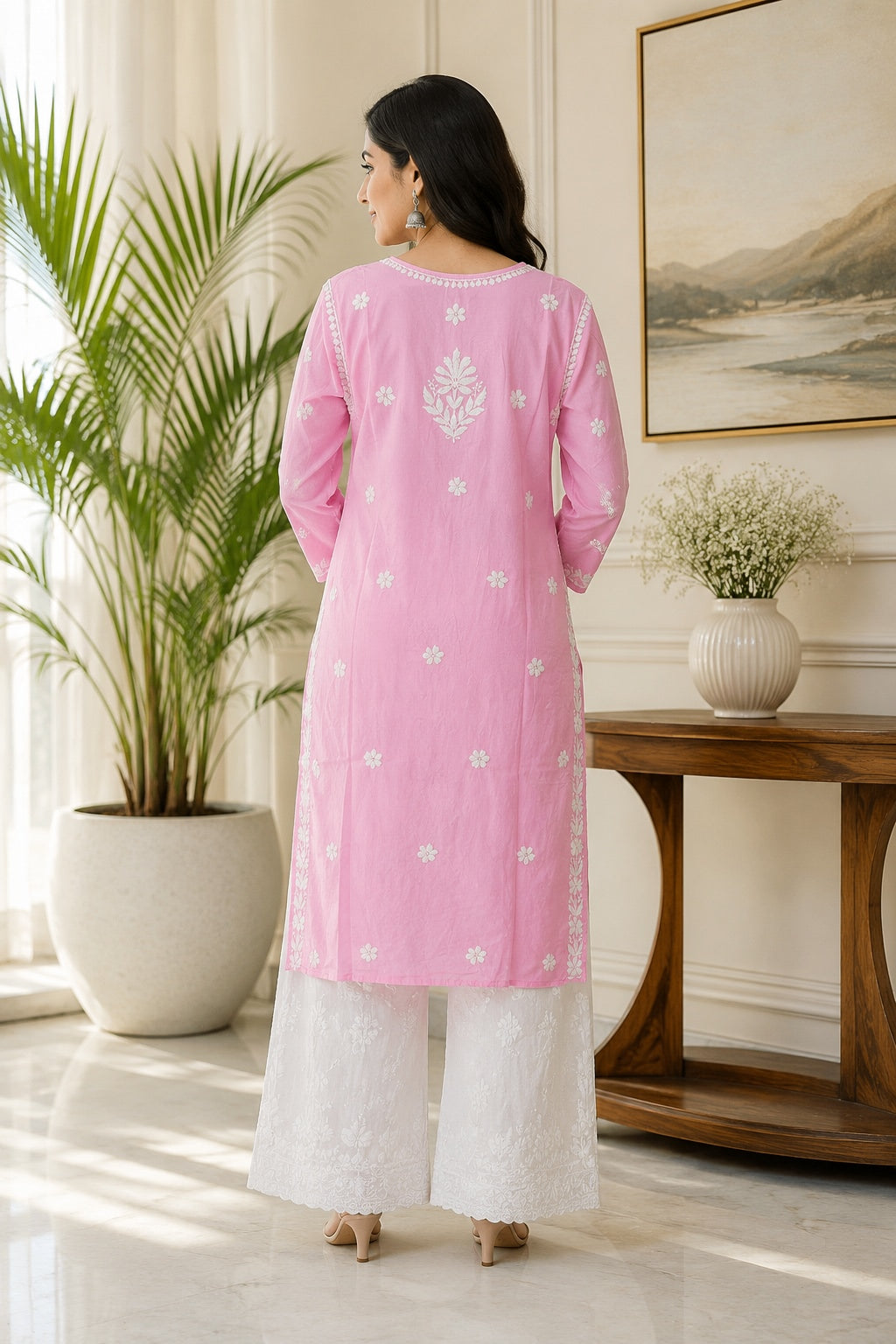 Karigiri Baby Pink Chikankari Mulmul Cotton Kurti_KF0005