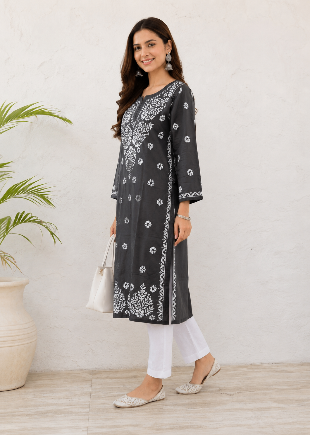Karigiri Dark Grey Lucknowi Chikankari Hand Embroidered Soft Mulmul Cotton Straight Kurti for Women | Calf Length | 3/4 Sleeve_KFDG0413