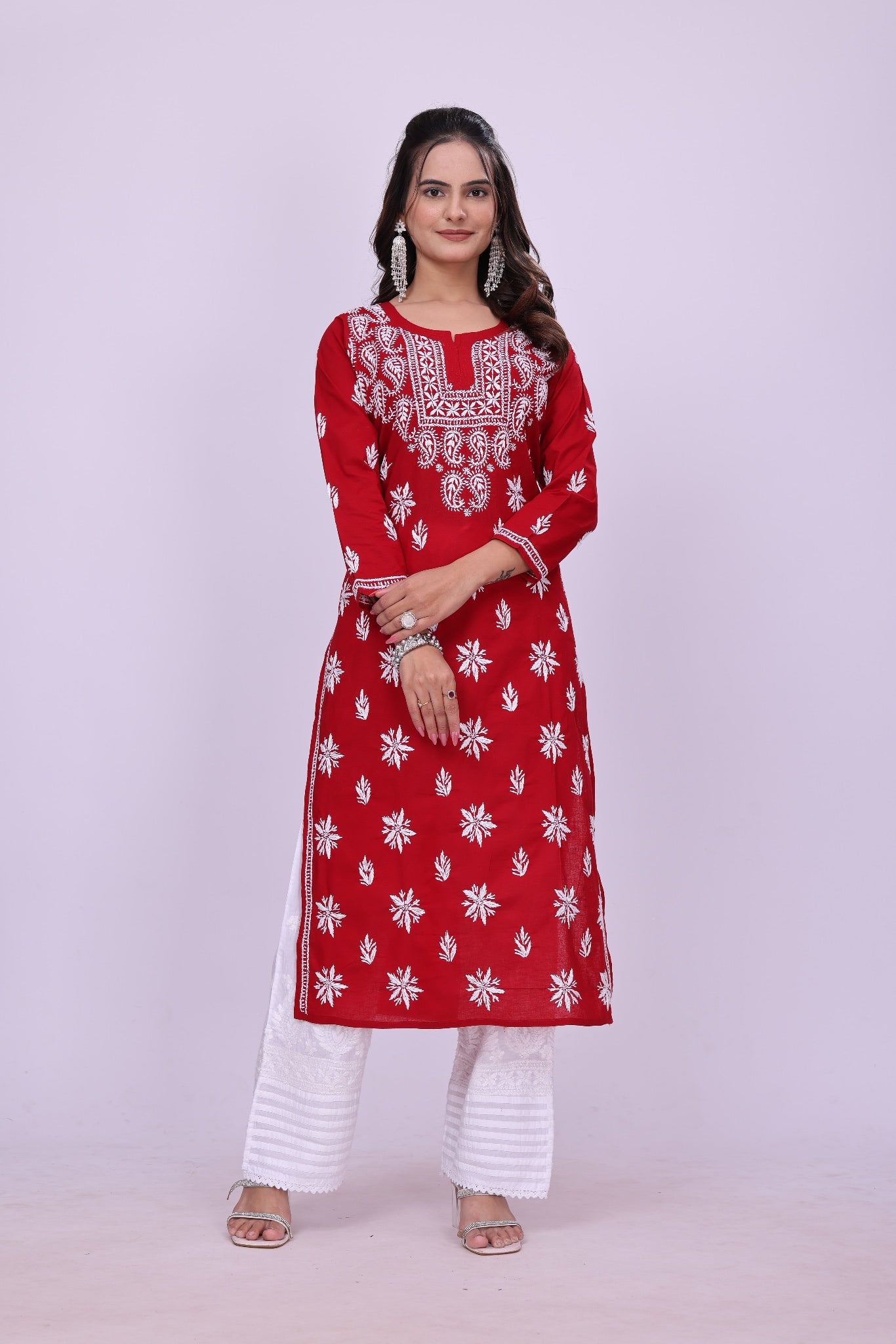 Karigiri Red Cotton Chikankari Kurti Lucknowi_KF0163