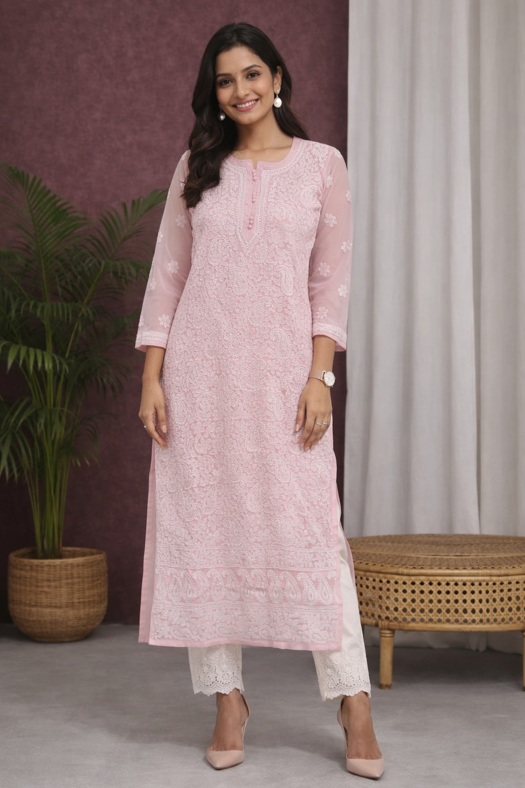 Karigiri Blush Pink Chikankari Georgette Kurti_KF0024
