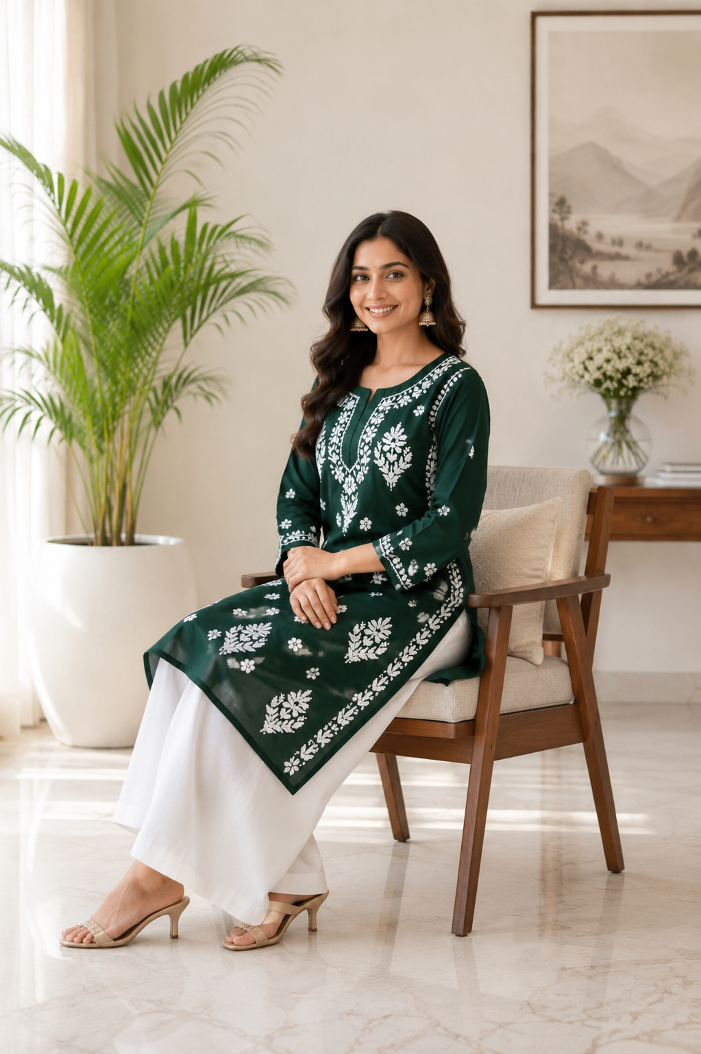 Karigiri Dark Green Chikankari Mulmul Cotton Kurti_KF0029