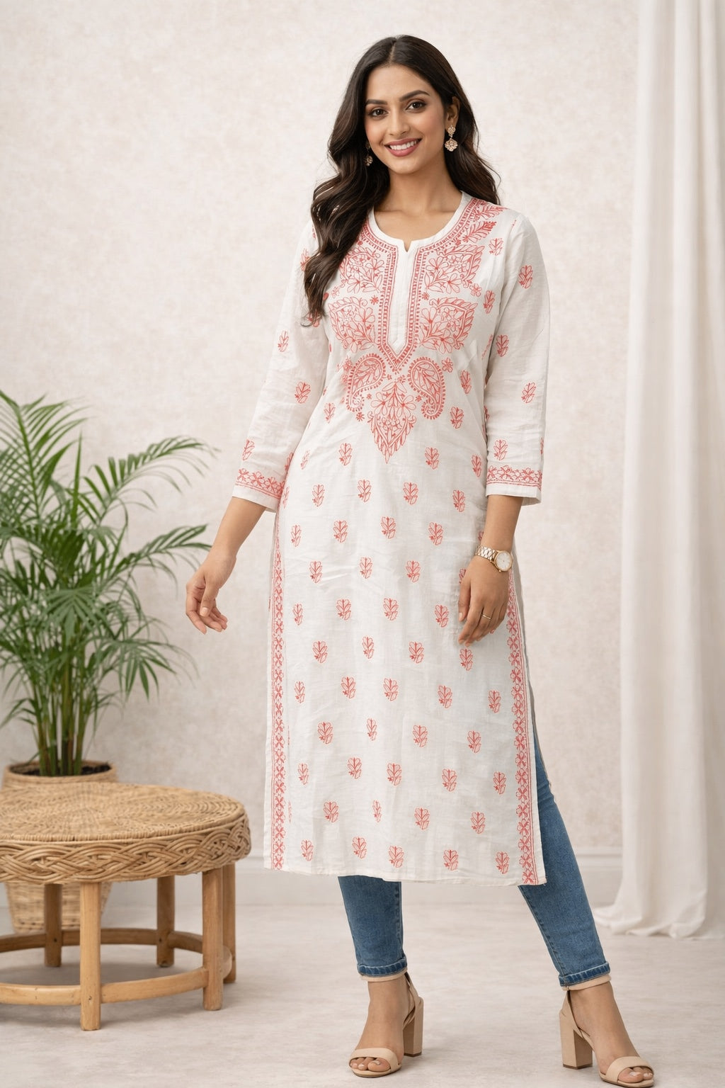 Karigiri White Coral Chikankari Cotton Kurti Women_KF0136