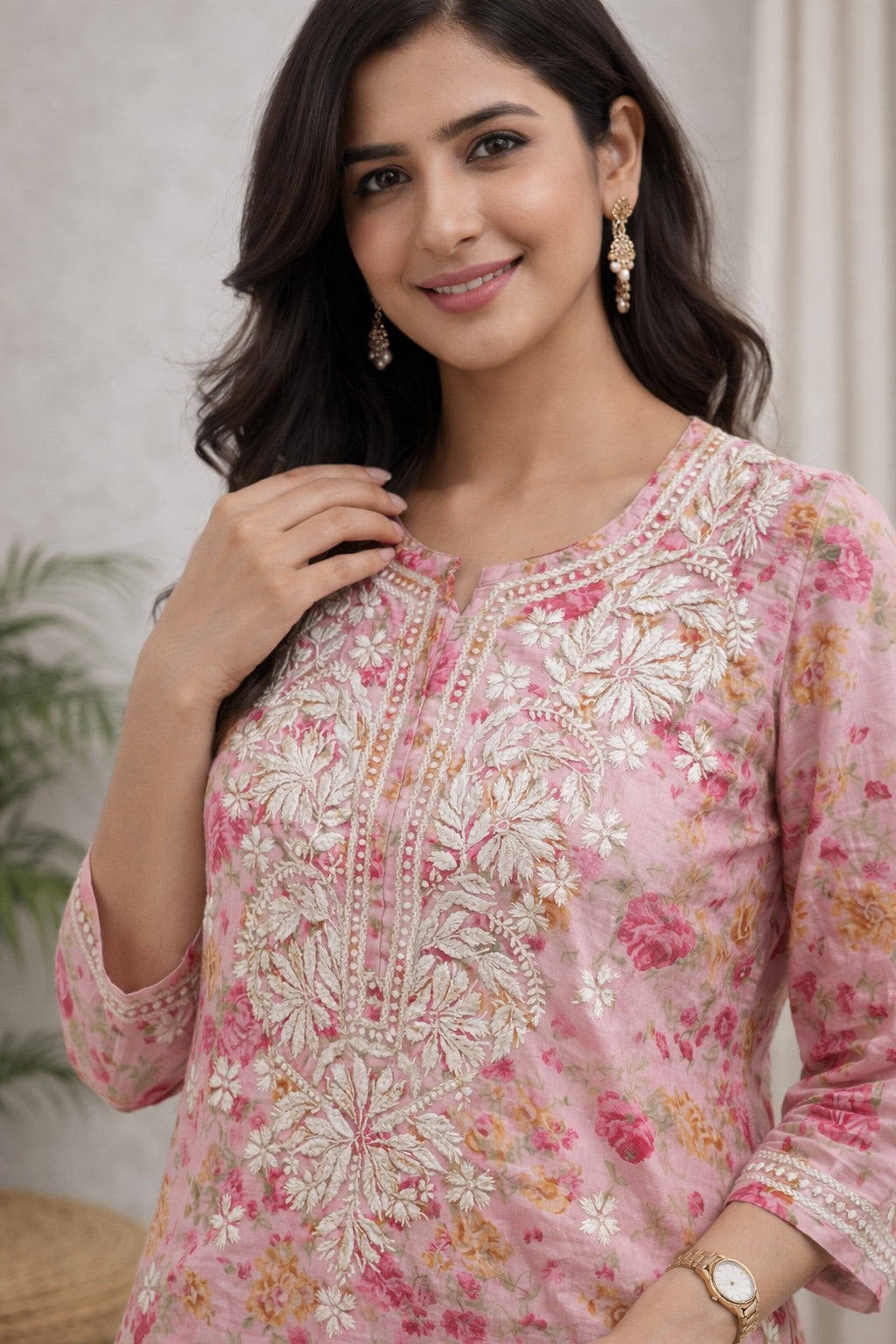 Karigiri Light Pink Floral Chikankari Printed Cotton Short Kurti_KF0116