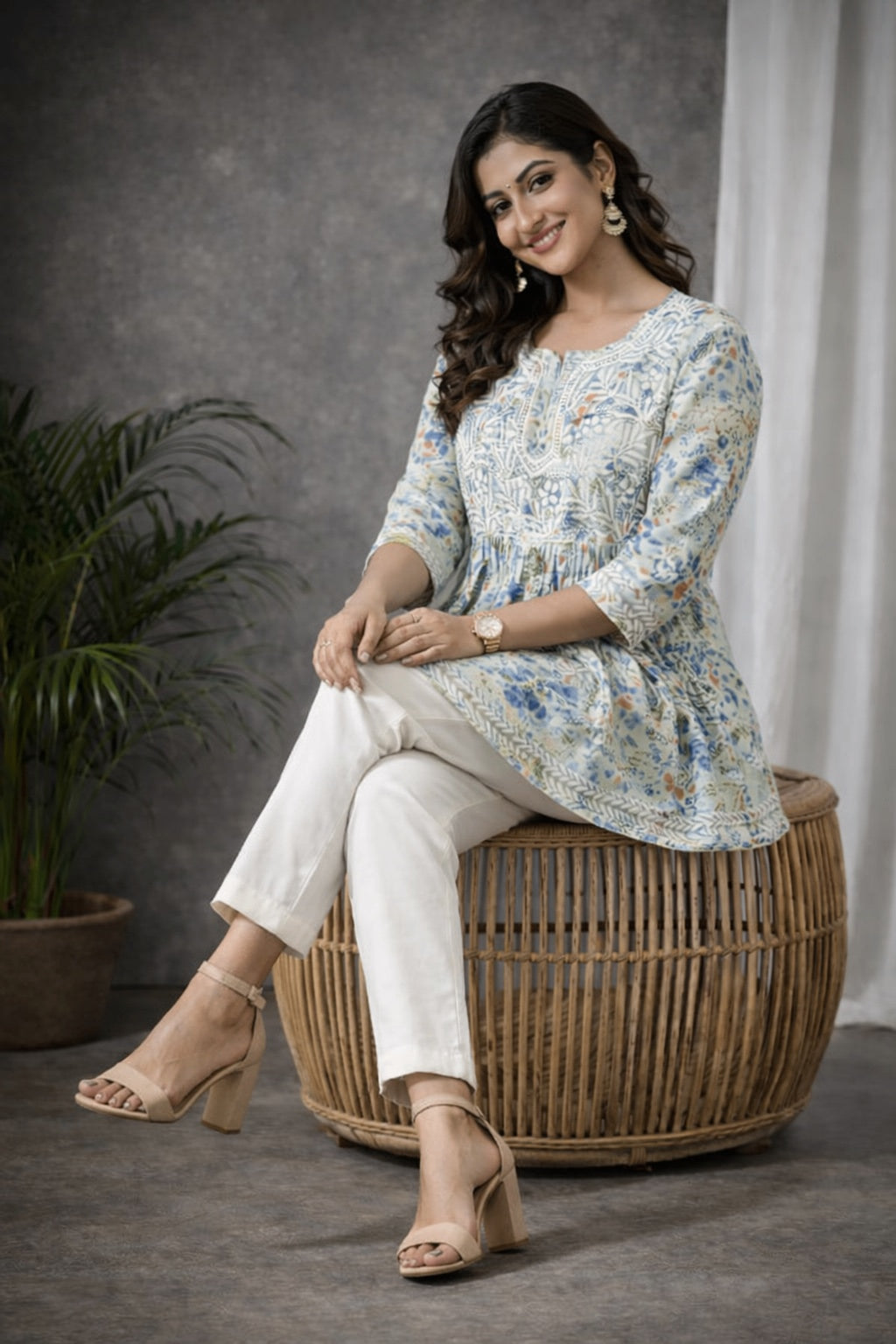 Karigiri Chikankari Printed Cotton Flared Short Kurti_KF0046