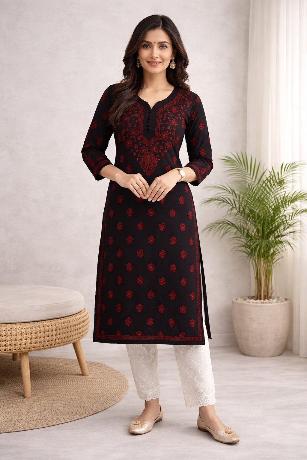 Karigiri Black Red Chikankari Cotton Kurti Women_KF0007