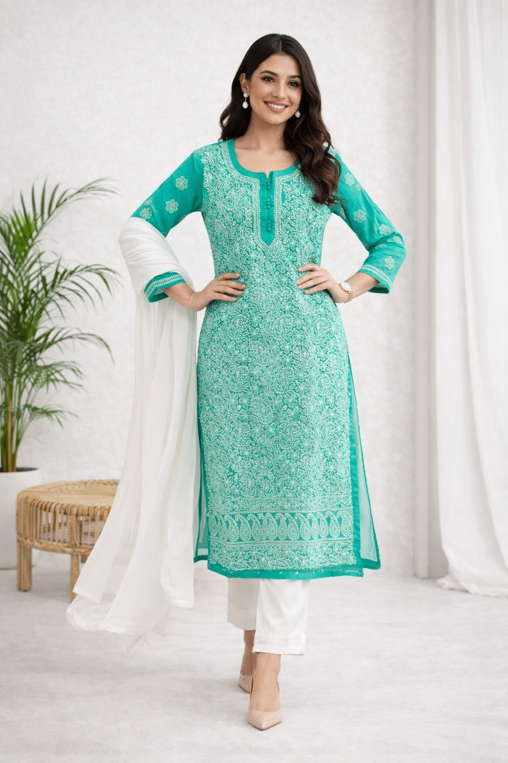 Karigiri Sea Green Chikankari Georgette Kurti Jaaldar work_KF0175