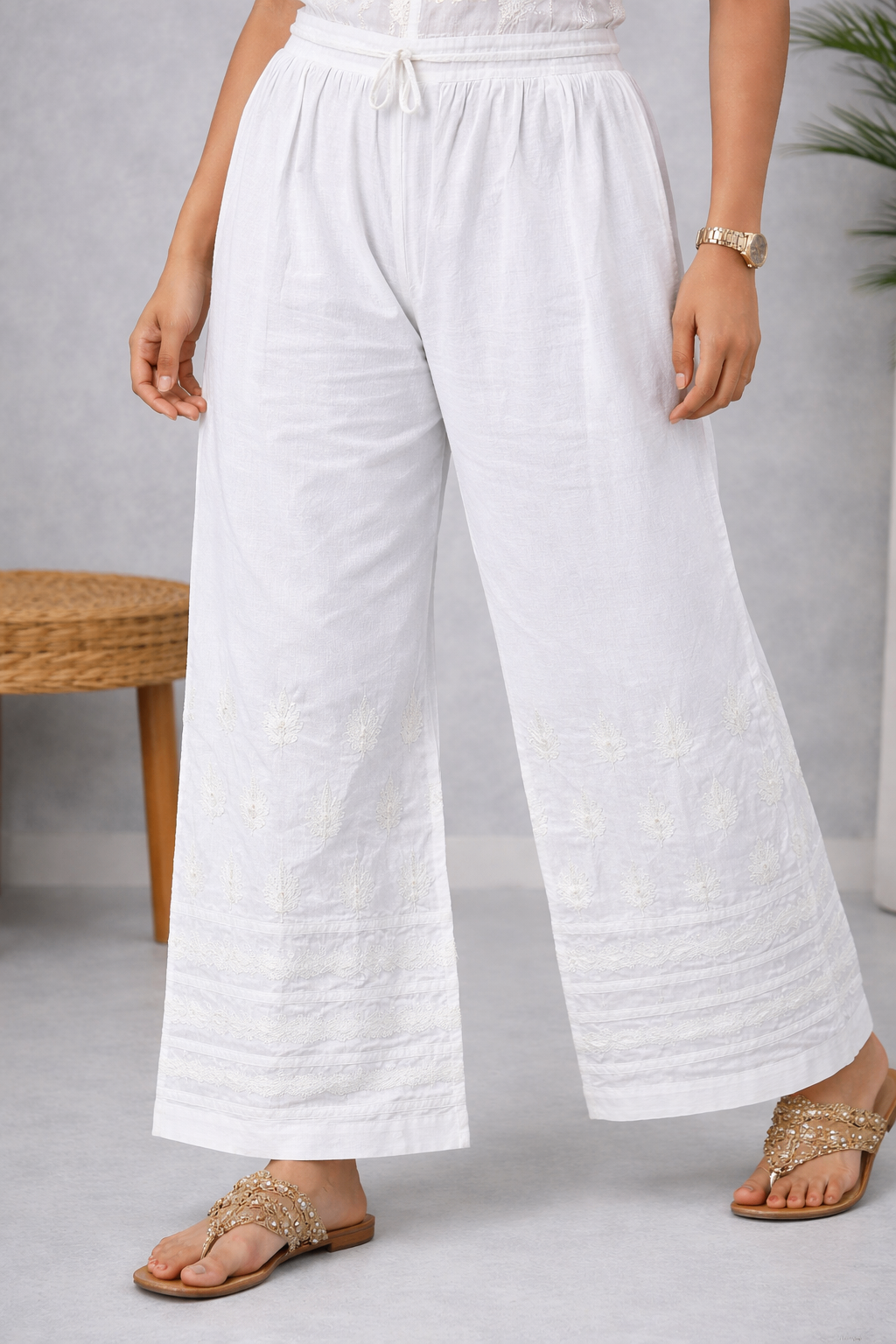 Karigiri White Chikankari Cotton Palazzo Pants_KF0197