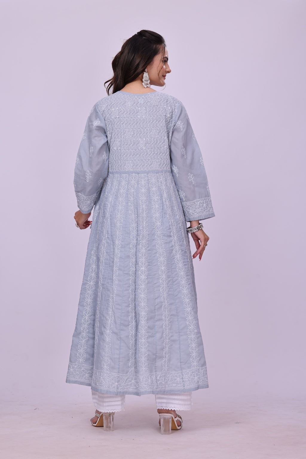 Karigiri Light Grey Embroidered Angrakha Kurta_KF0115