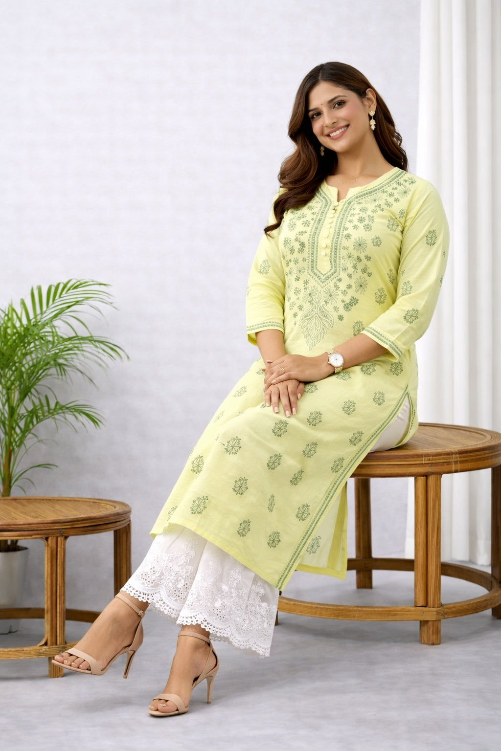 Karigiri Lemon Green Chikankari Cotton Kurti_KF0079