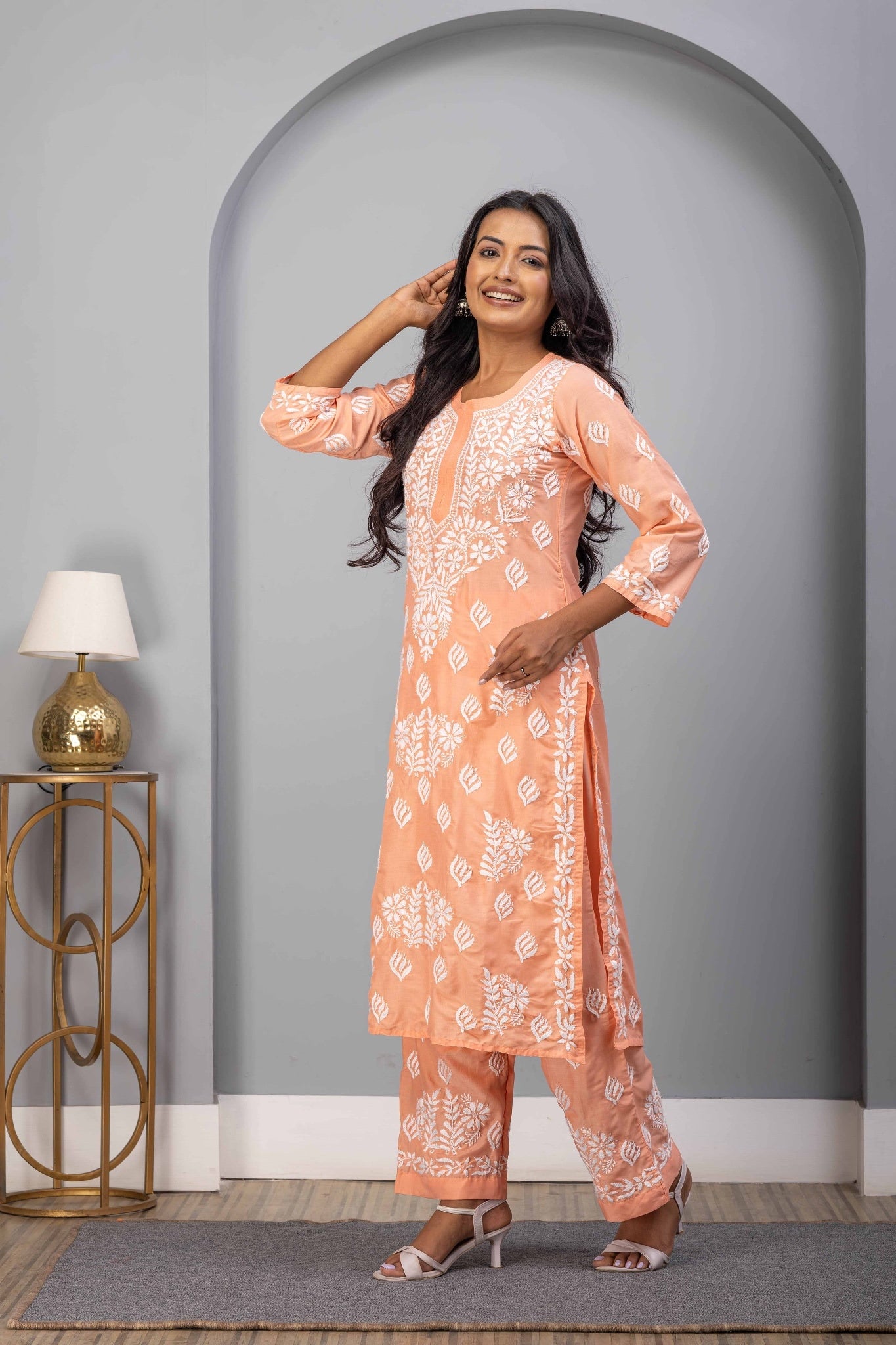Karigiri Peach Chikankari Hand Embroidered Muslin Kurti Set with White Floral Motifs, 3/4 Sleeves