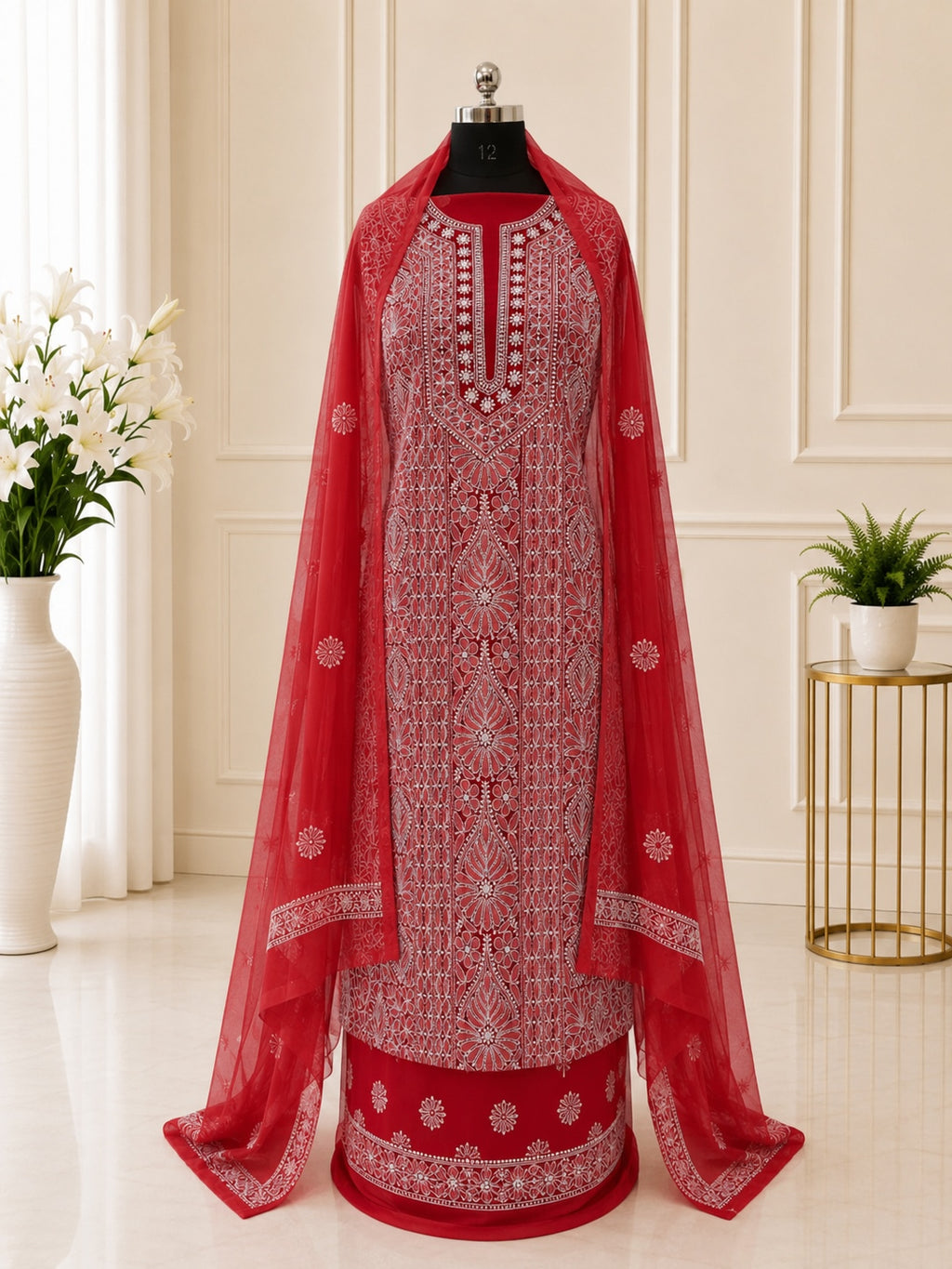 Karigiri Red Chikankari Georgette Unstitched Dress Material