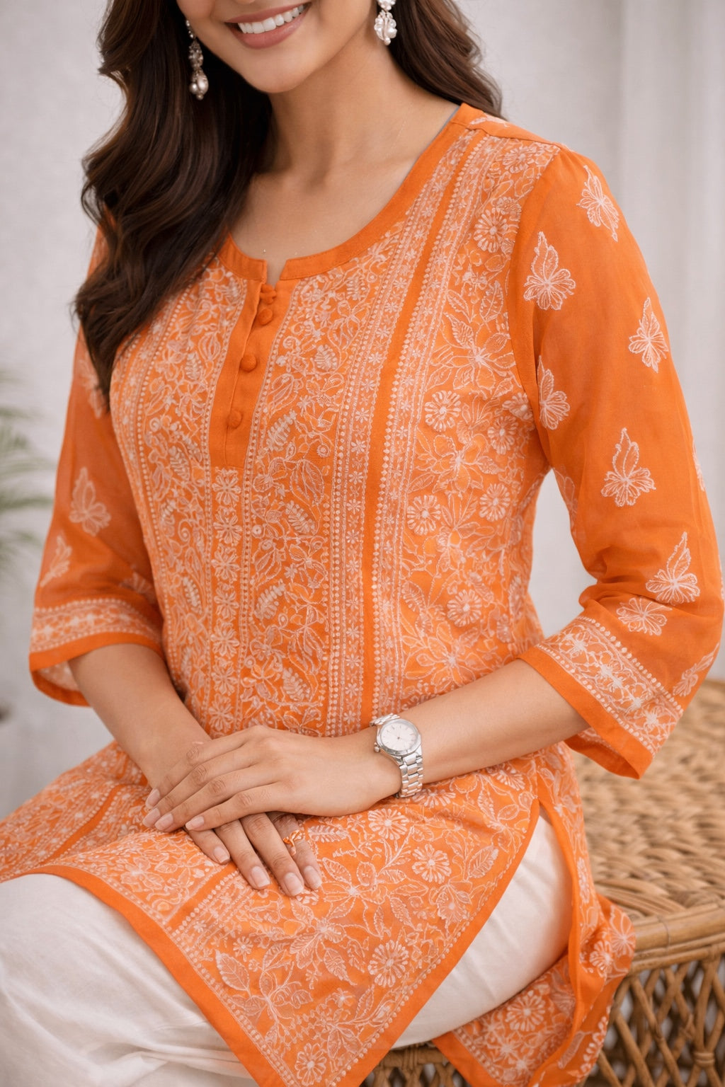Karigiri Orange Georgette Chikankari Short Kurti_KF0139