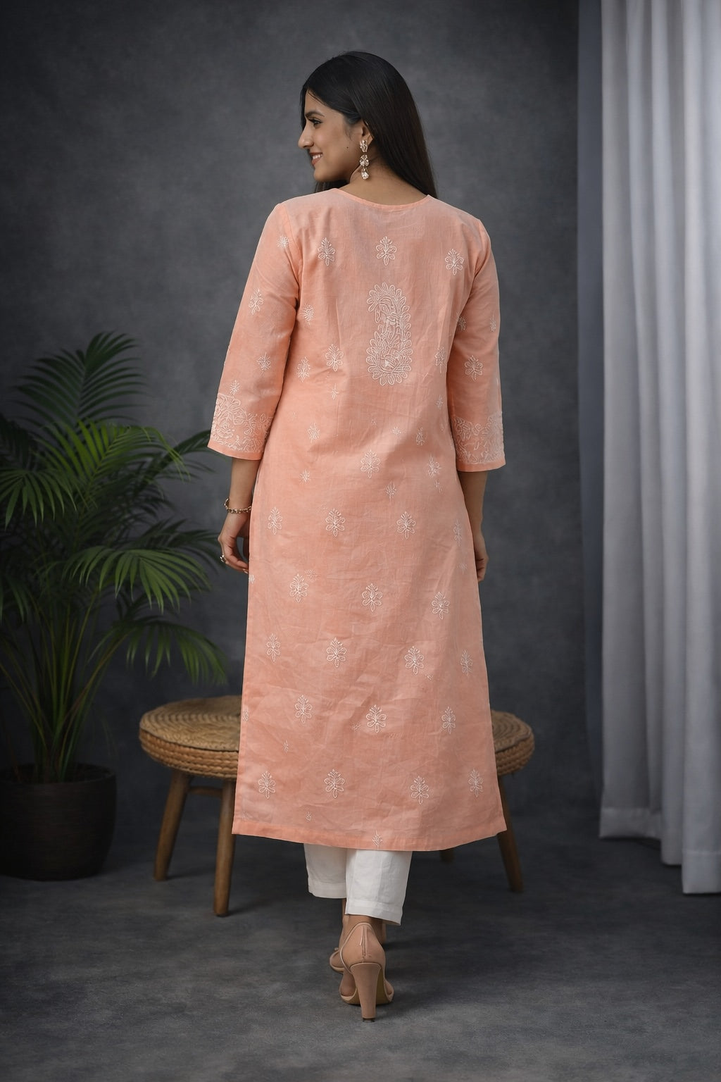 Karigiri Women’s Pure Soft Cotton Kurti, Peach with Lucknowi Chikankari Embroidery, Straight Fit, Round Neck, 3/4 Sleeves