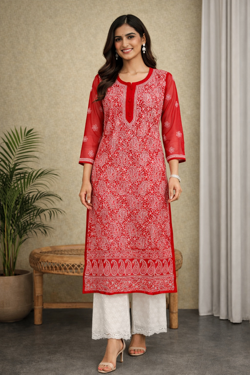Karigiri Red Georgette Chikankari Kurti Jaaldar work_KF0172