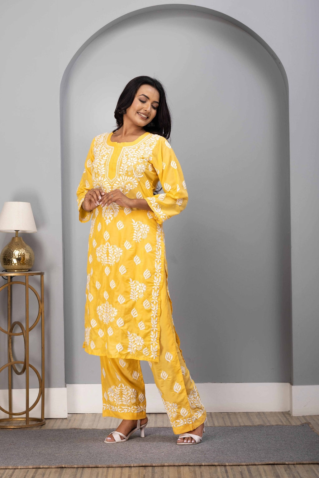 Karigiri Yellow Chikankari Hand Embroidered Muslin Kurti Set with White Floral Motifs, 3/4 Sleeves