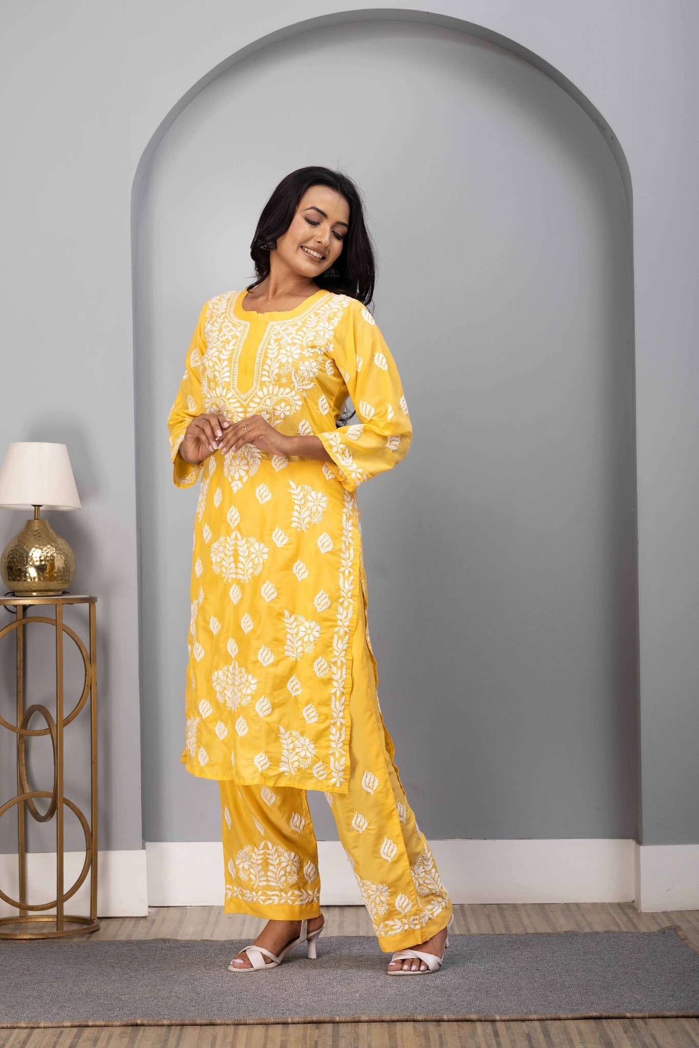 Karigiri Yellow Chikankari Hand Embroidered Muslin Kurti Set with White Floral Motifs, 3/4 Sleeves