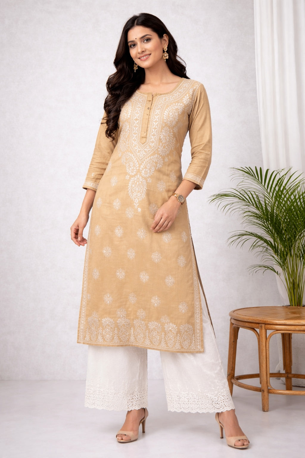 Karigiri Beige Chikankari Cotton Kurta for Women_KF0102