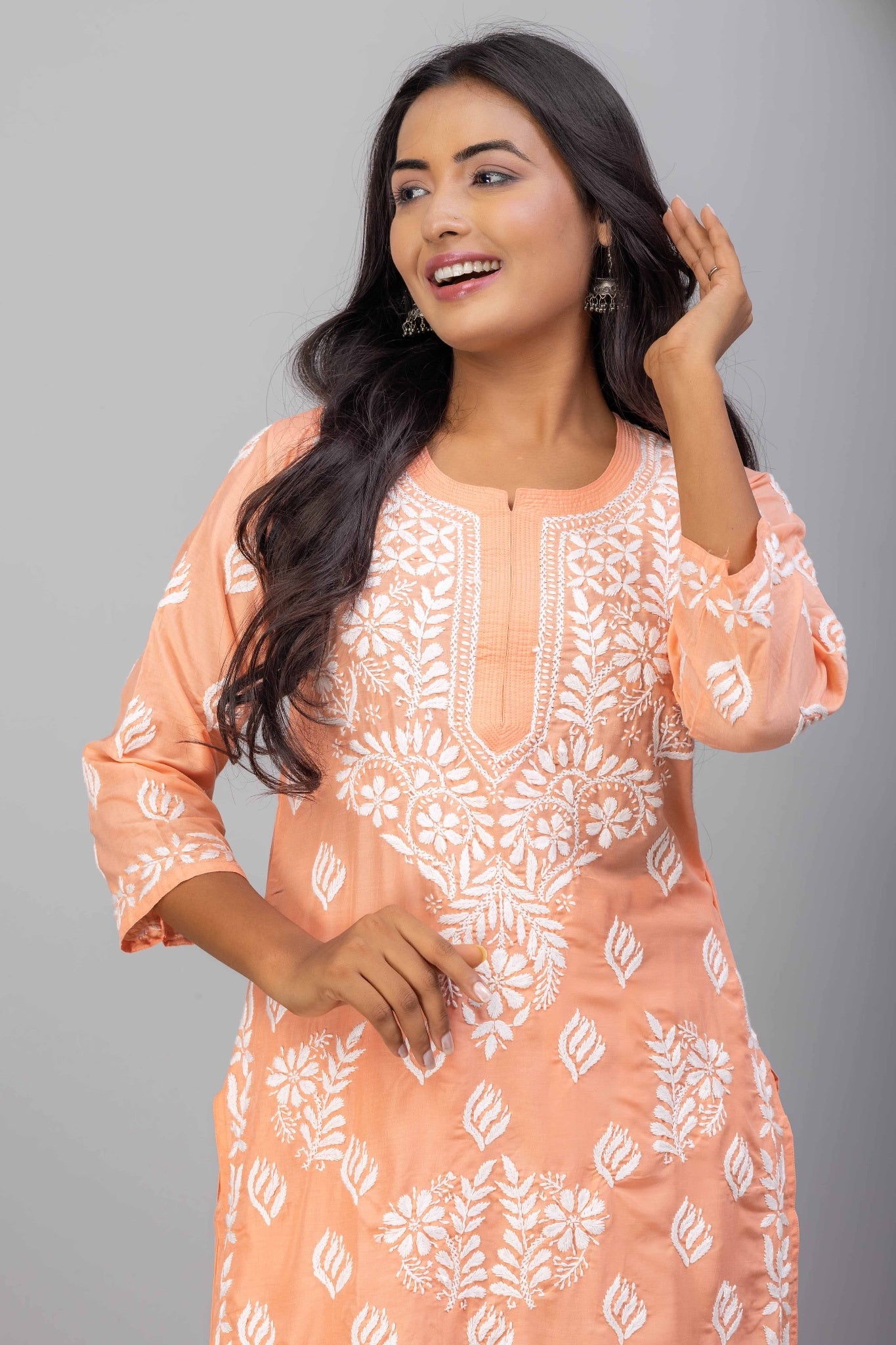 Karigiri Peach Chikankari Hand Embroidered Muslin Kurti Set with White Floral Motifs, 3/4 Sleeves
