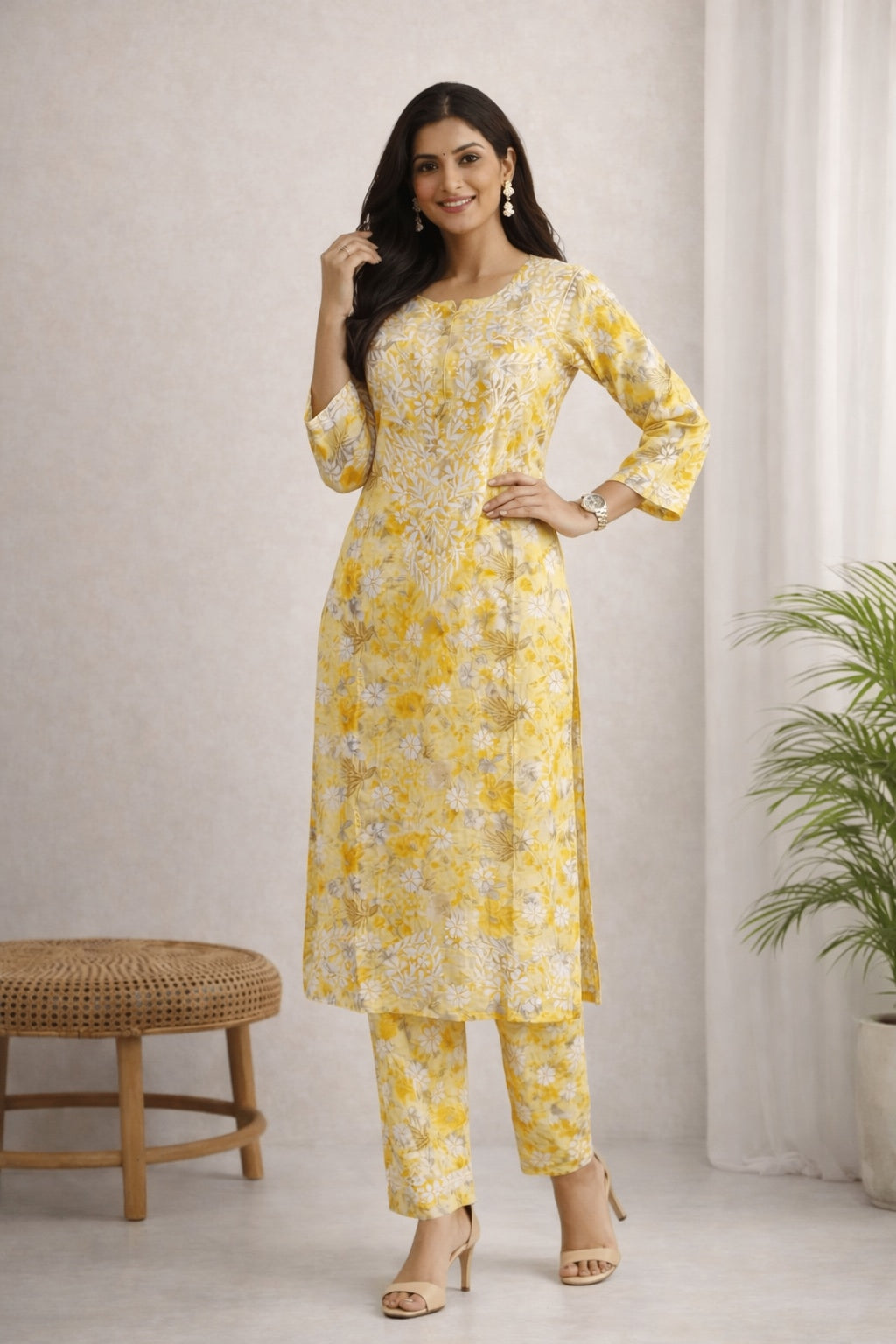 Karigiri Yellow Floral Lucknowi Chikankari Long Calf Length Kurti Set (Kurti with Same Pant), Hand Embroidered Printed Cotton, Straight Fit, Three-Quarter Sleeves, Round Neck