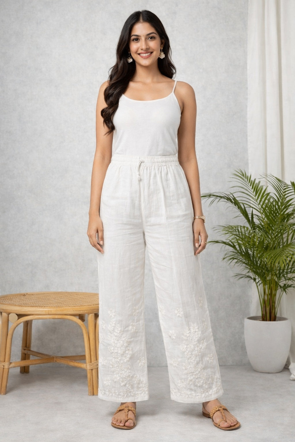 Karigiri White Chikankari Cotton Palazzo Pants_KF0196