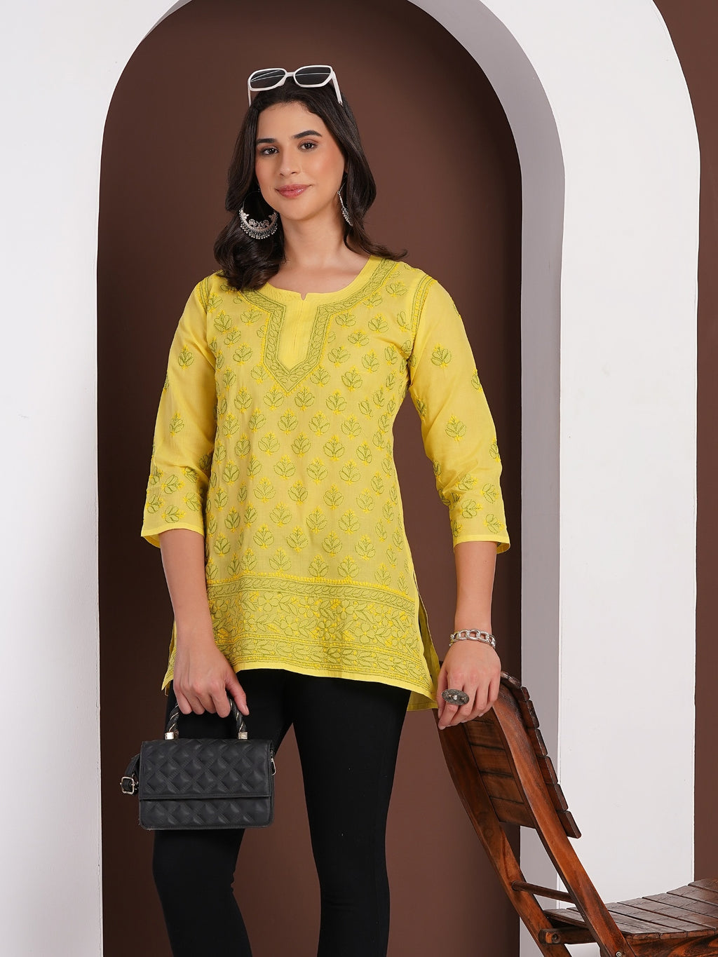 Karigiri Yellow Chikankari Hand Embroidered Pure Cotton Straight Hip Length Short Kurti, 3/4 Sleeve, Ethnic Wear for Women