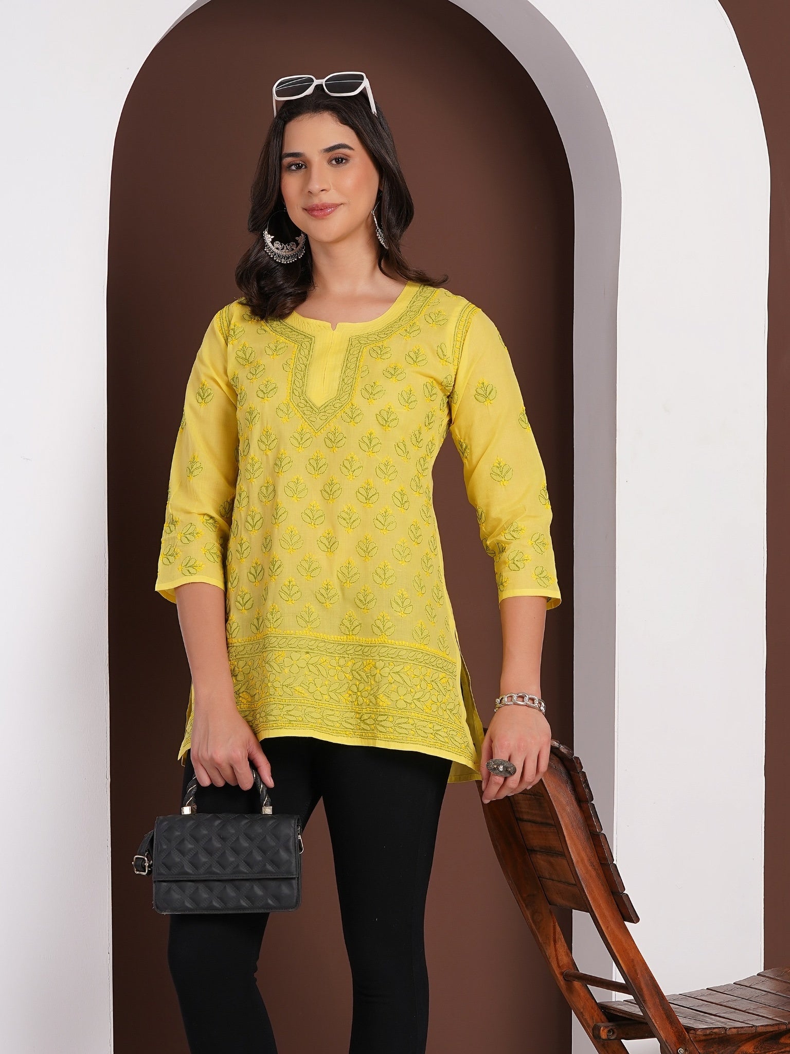 Karigiri Yellow Chikankari Hand Embroidered Pure Cotton Straight Hip Length Short Kurti, 3/4 Sleeve, Ethnic Wear for Women