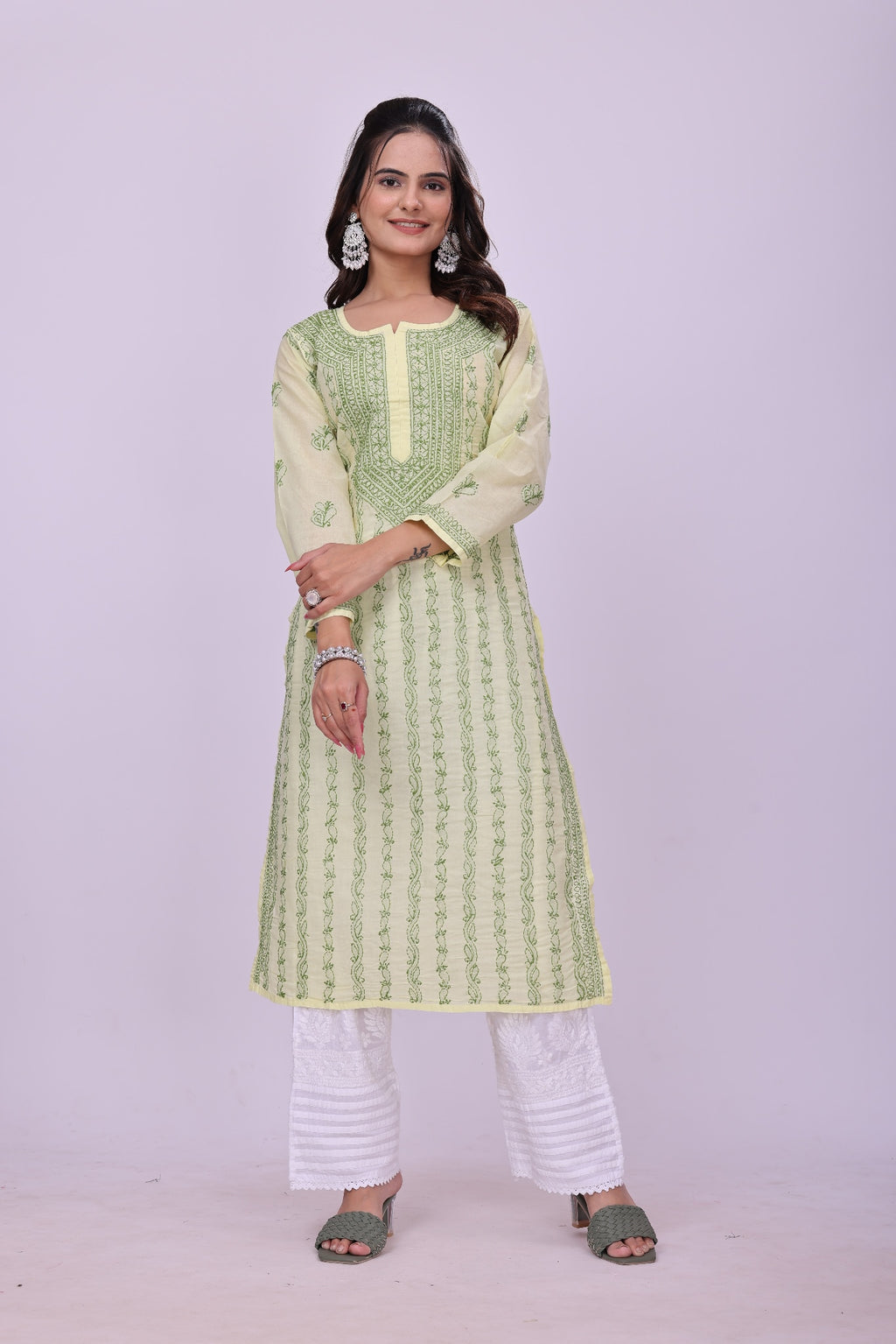 Karigiri Lemon Yellow Chikankari Cotton Kurta_KF0096
