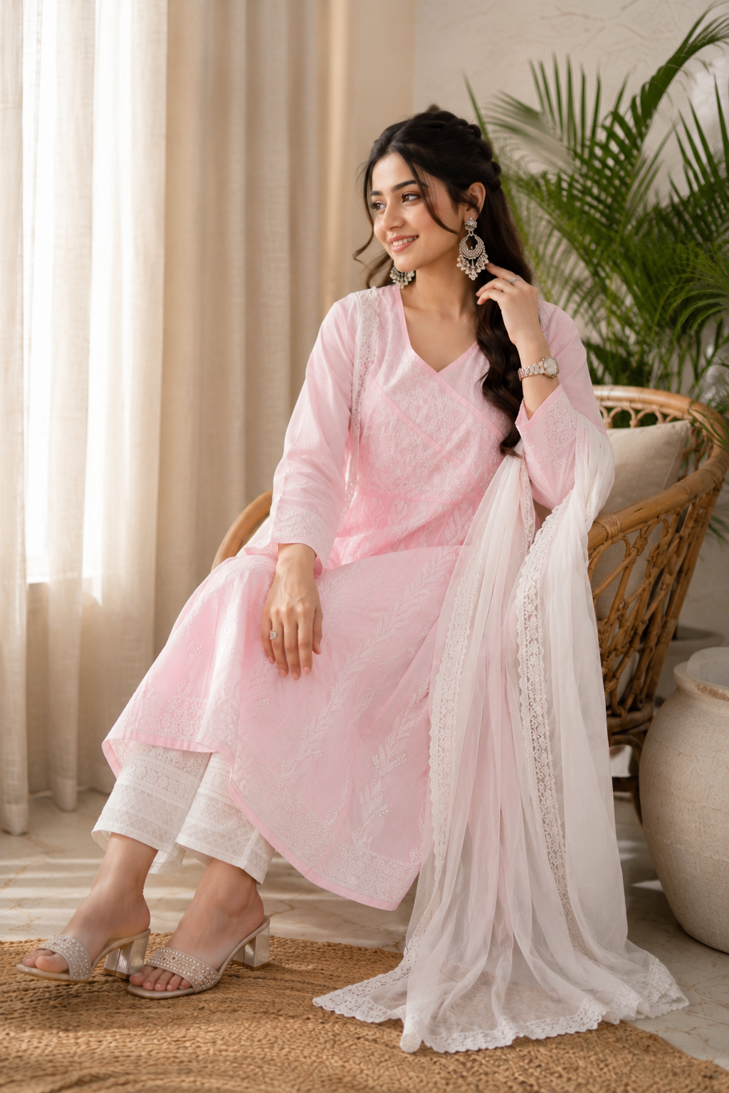 Karigiri Baby Pink Hand Embroidered Chikankari Cotton Anarkali Kurti