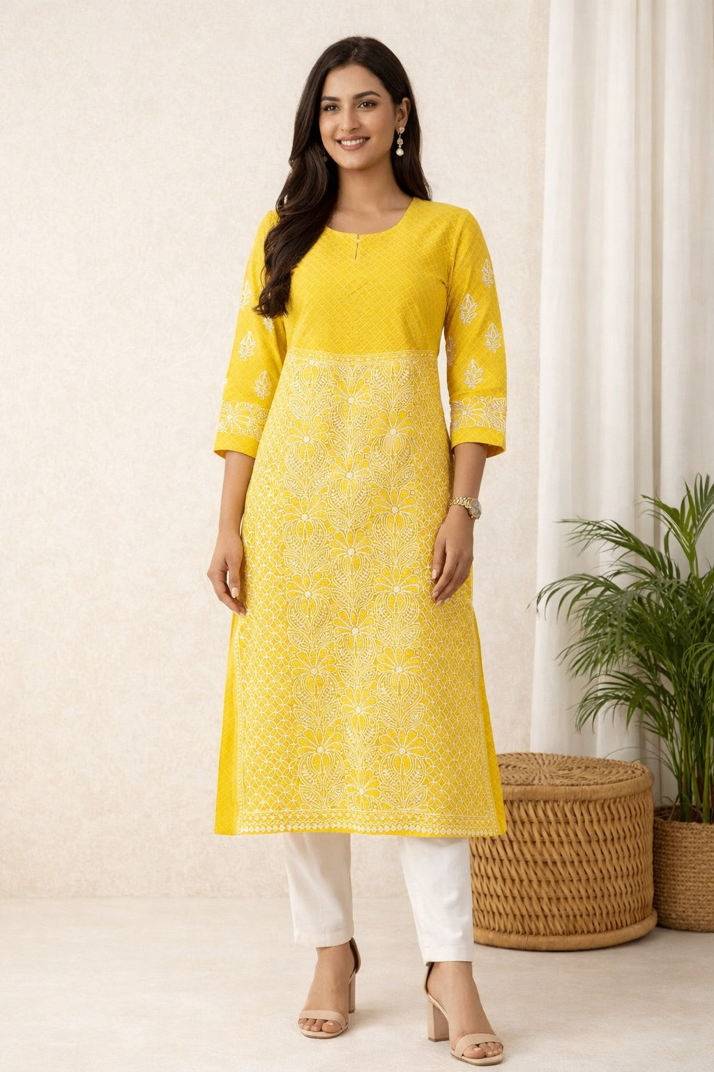 Karigiri Yellow Chikankari Cotton Kurti for Women_KF0048