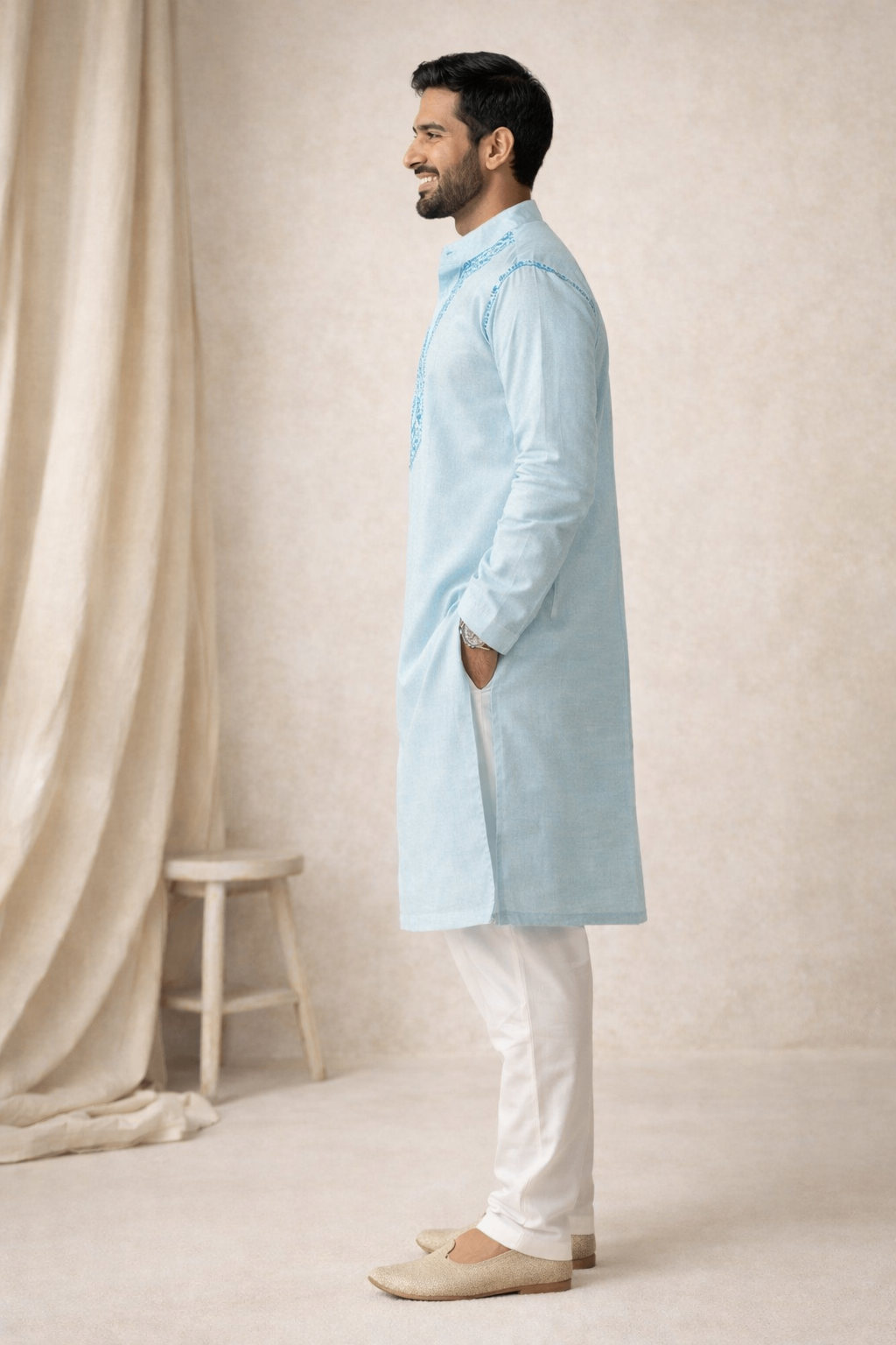 Karigiri Sky Blue Lucknowi Chikankari Cotton Men's Kurta_KF0183