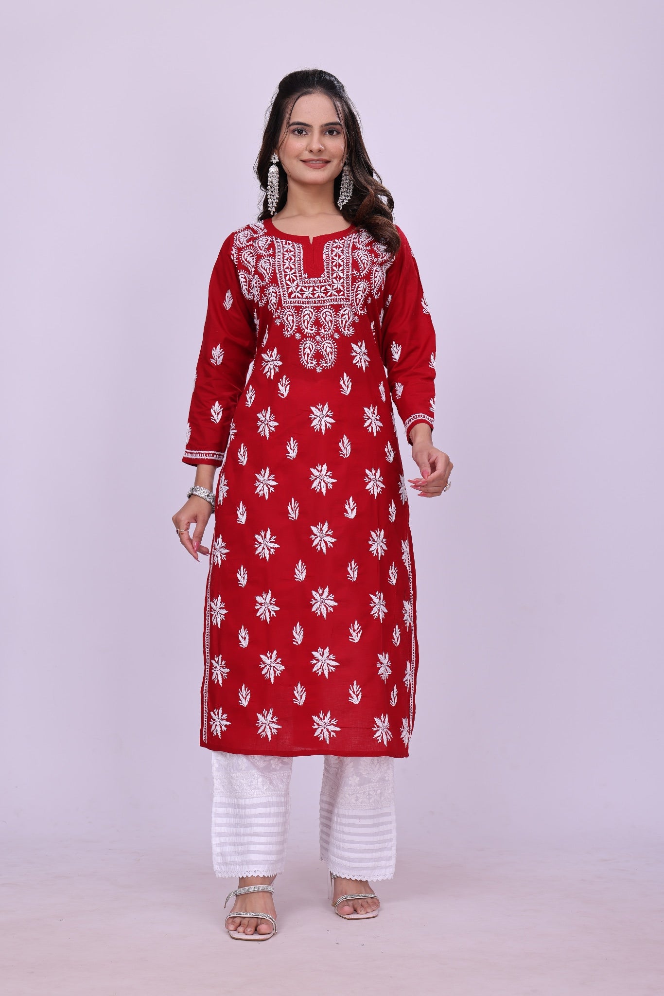Karigiri Red Cotton Chikankari Kurti Lucknowi_KF0163