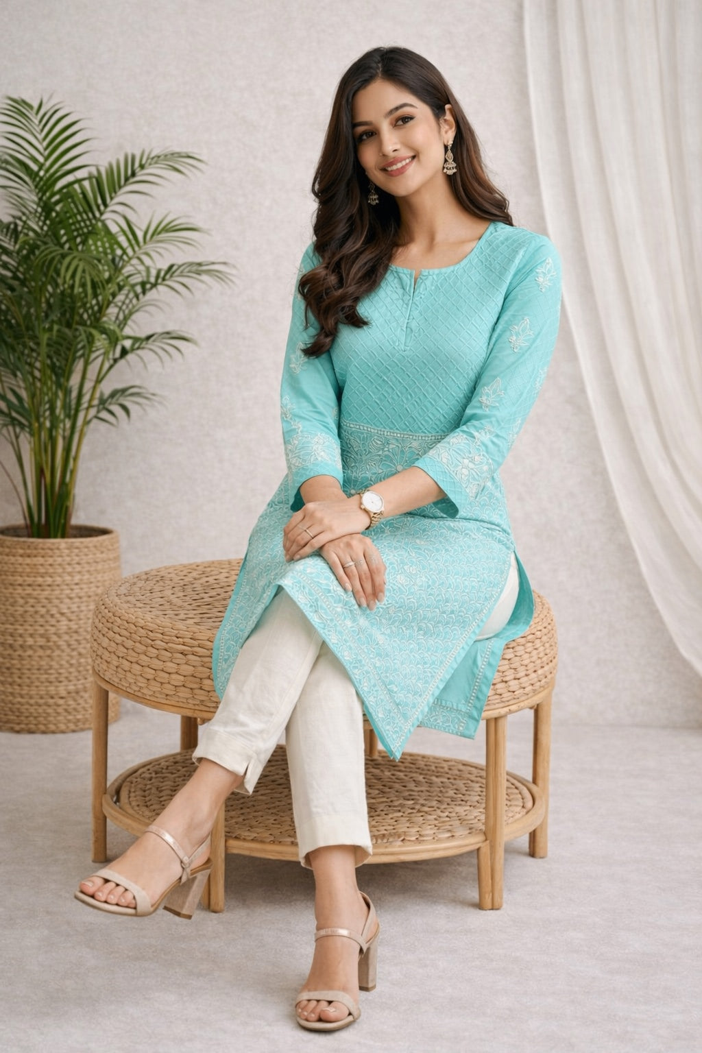 Karigiri Sea Green Chikankari Cotton Front Allover work Kurti, Women_KF0072
