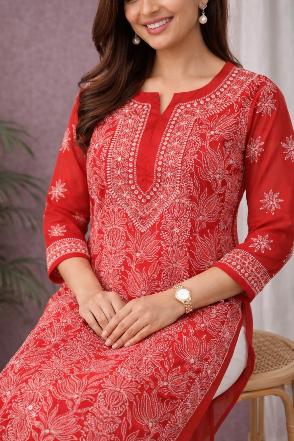 Karigiri Red Georgette Chikankari Jaaldar Kurti_KF0051