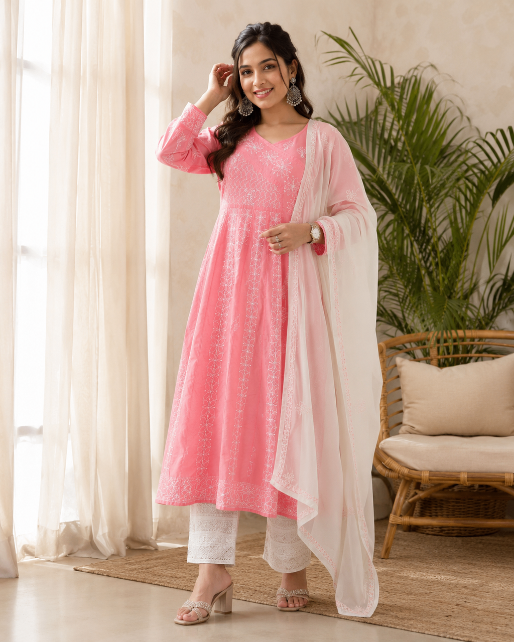 Karigiri Candy Pink Hand Embroidered Chikankari Cotton Anarkali Kurti