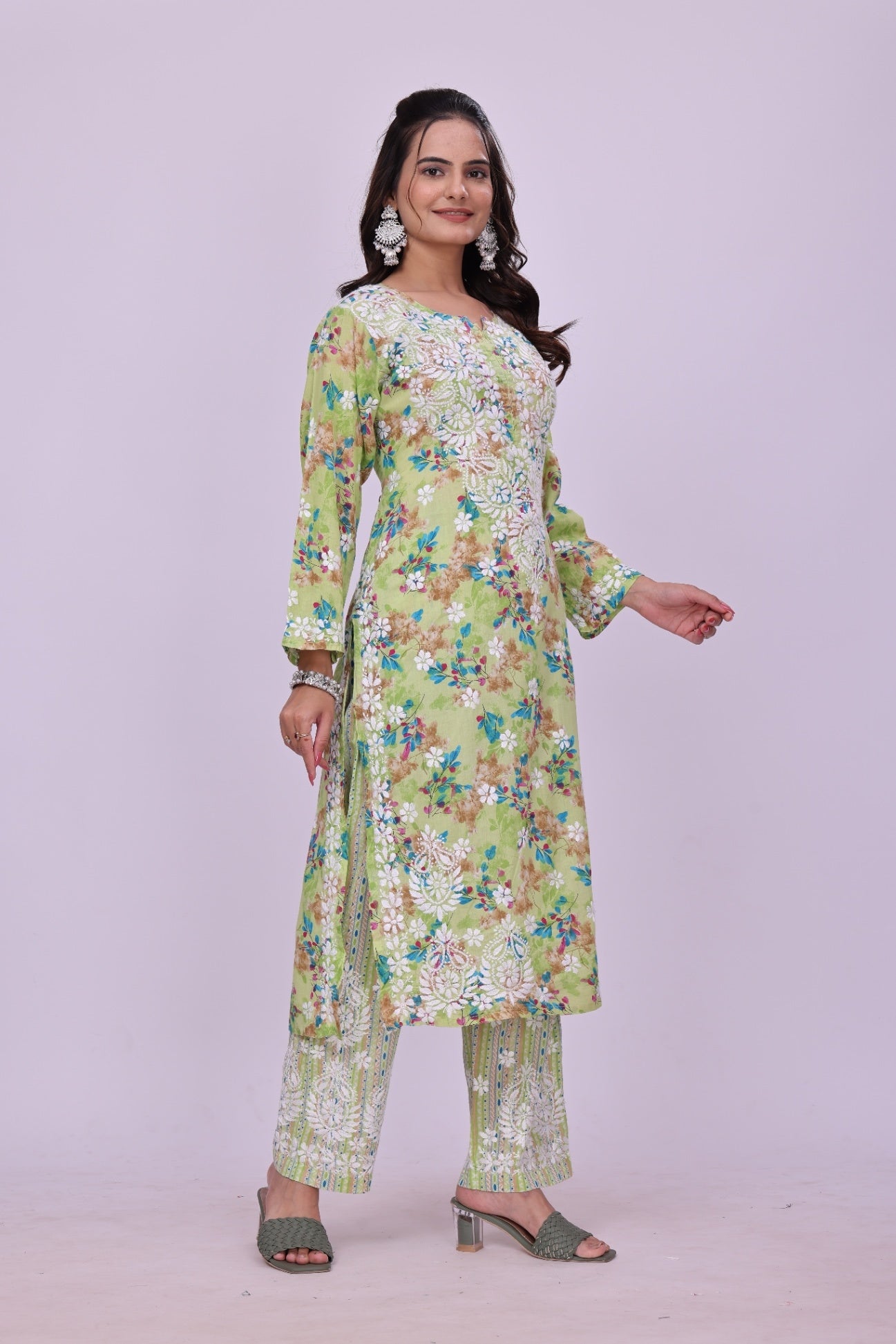 Karigiri Green Floral Chikankari Cotton Kurti Set_KF0058
