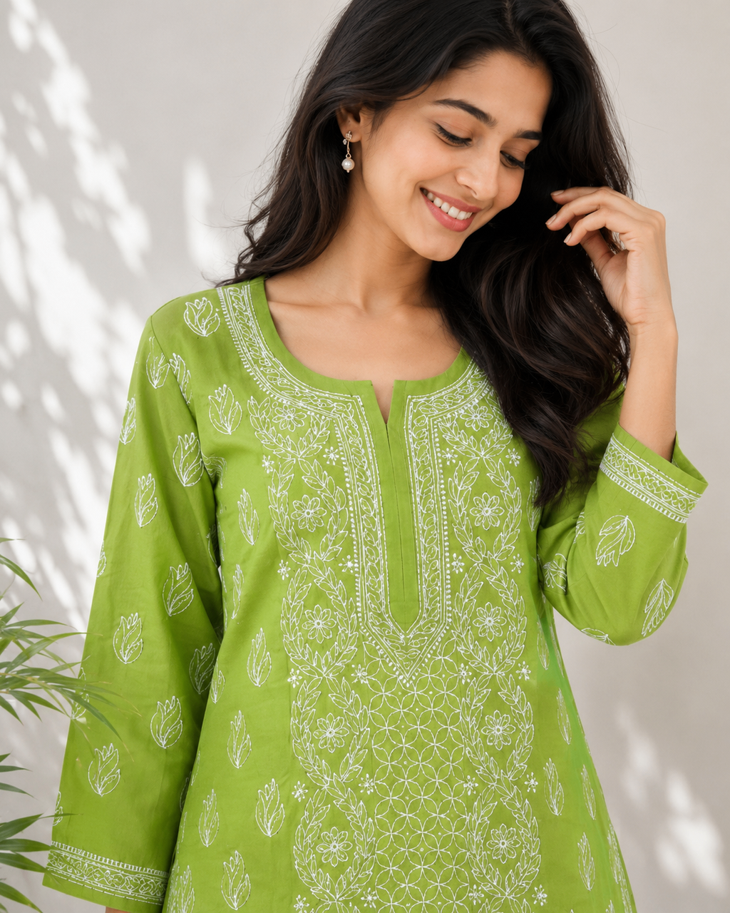 Karigiri Lime Green Floral Chikankari Cotton Short Kurti_KF0300