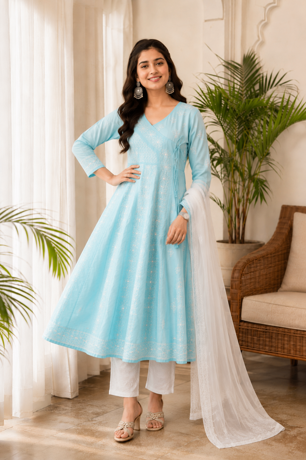 Karigiri Sky Blue Hand Embroidered Chikankari Cotton Anarkali Kurti