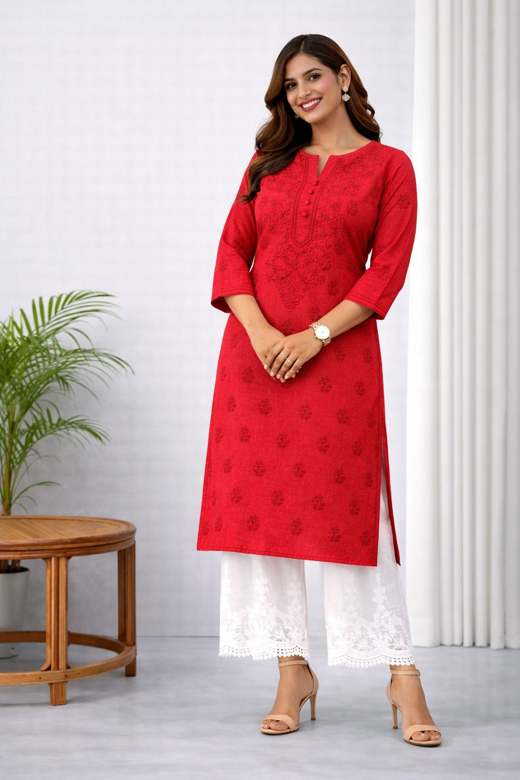 Karigiri Red Lucknowi Chikankari Cotton Kurti Women_KF0064