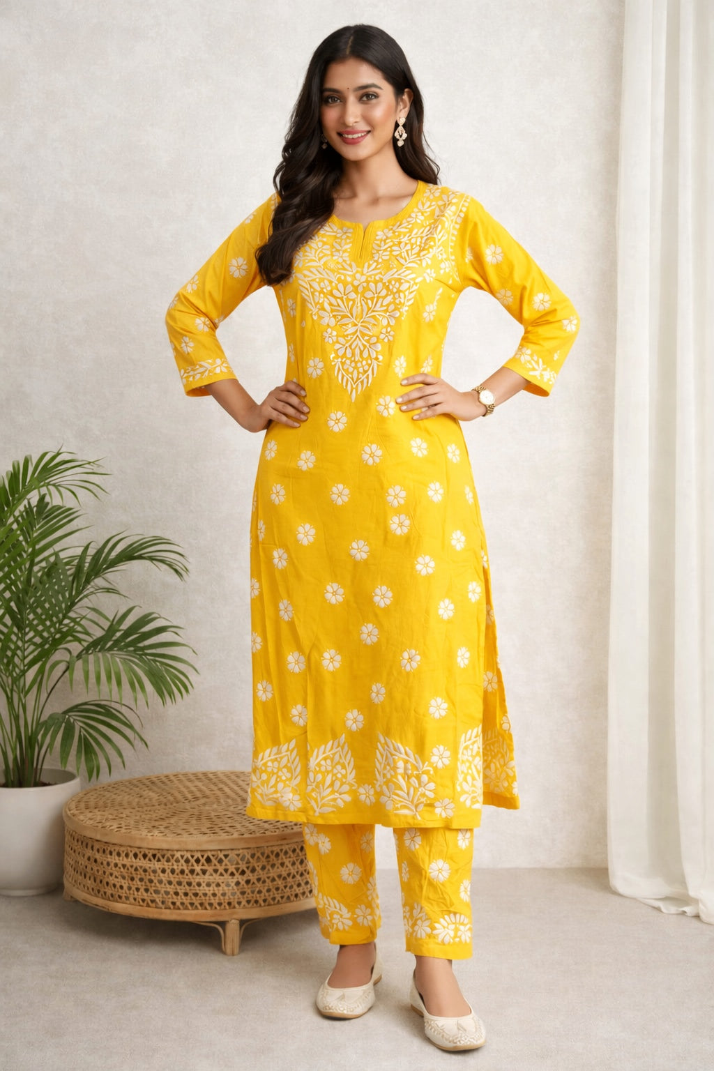 Karigiri Yellow Floral Lucknowi Chikankari Long Calf Length Kurti Set (Kurti with Same Pant), Hand Embroidered Soft Cotton, Straight Fit, Three-Quarter Sleeves, Round Neck