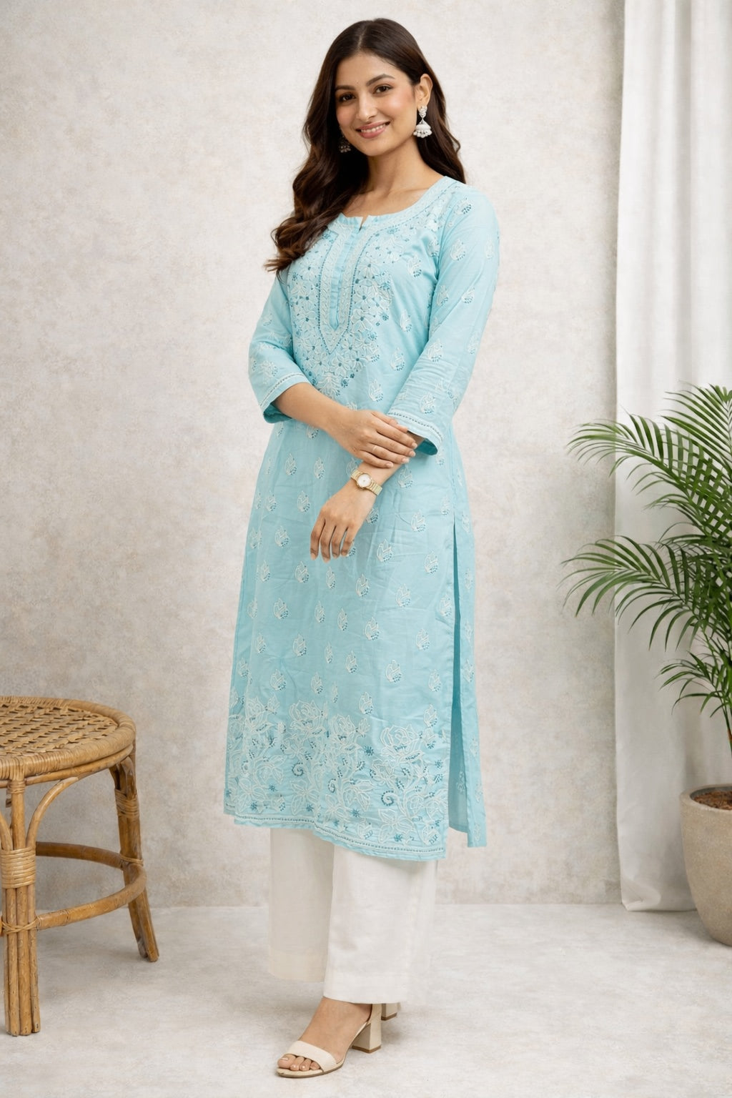 Karigiri Sky Blue Chikankari Cotton Kurti for Women_KF0184