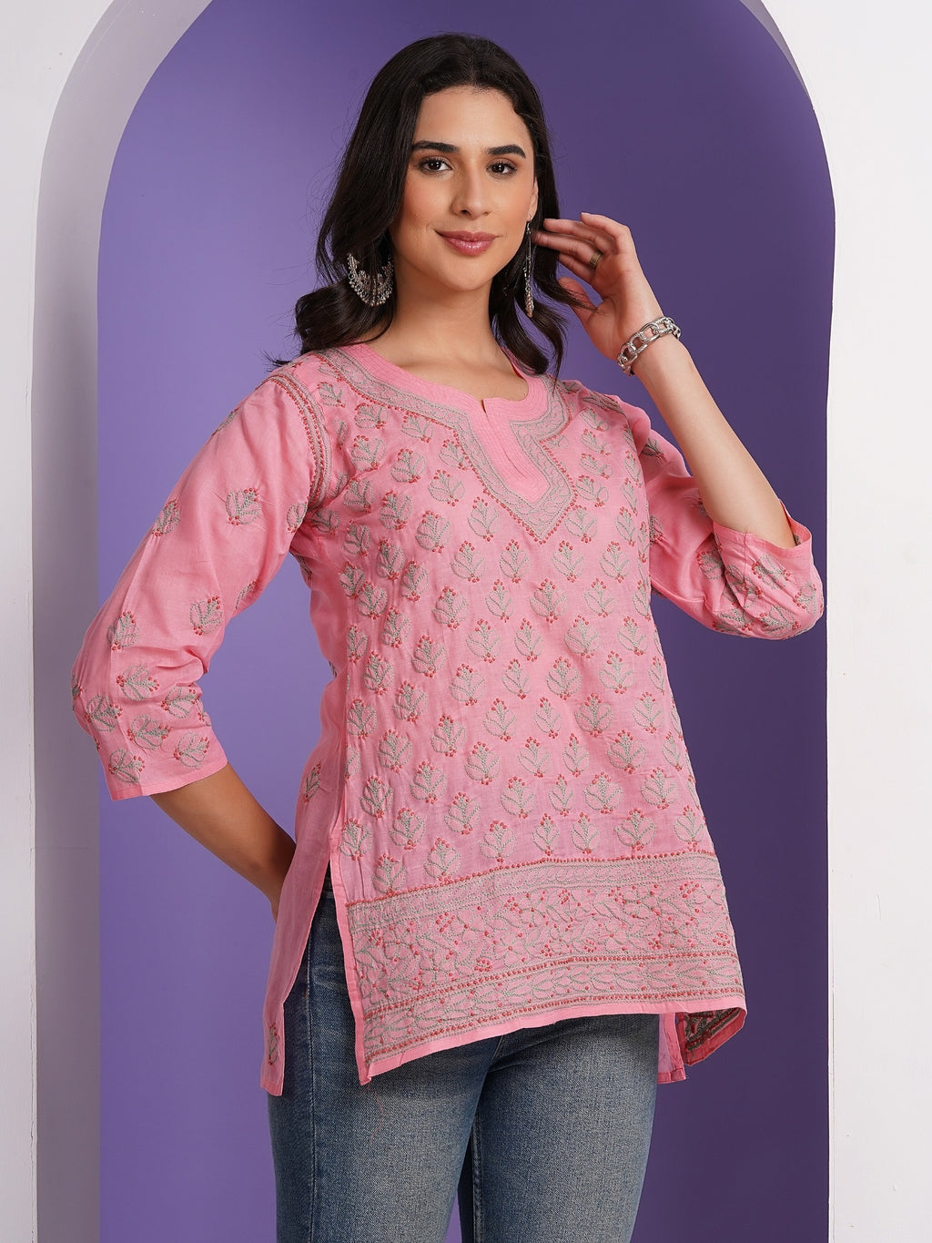 Karigiri Lucknowi Chikankari Hand Embroidered Pure Cotton Straight Hip Length Short Kurti, 3/4 Sleeve, Ethnic Wear for Women