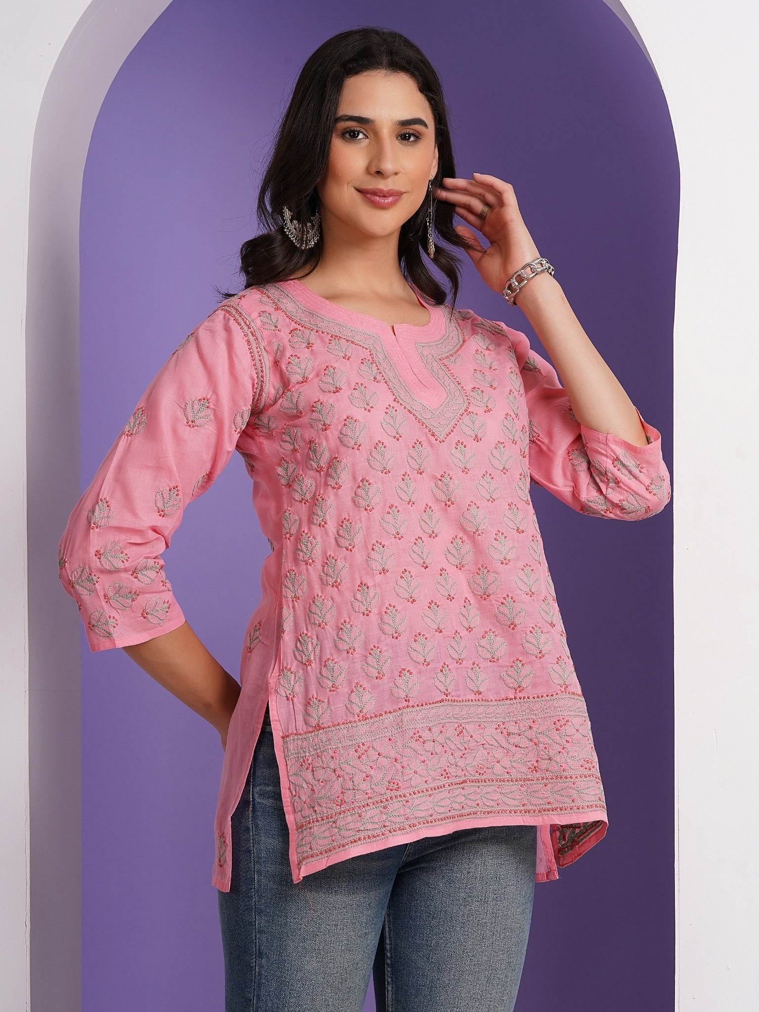 Karigiri Lucknowi Chikankari Hand Embroidered Pure Cotton Straight Hip Length Short Kurti, 3/4 Sleeve, Ethnic Wear for Women