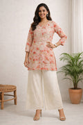 Karigiri Peach Pink Floral Chikankari Printed Cotton Short Kurti_KF0145